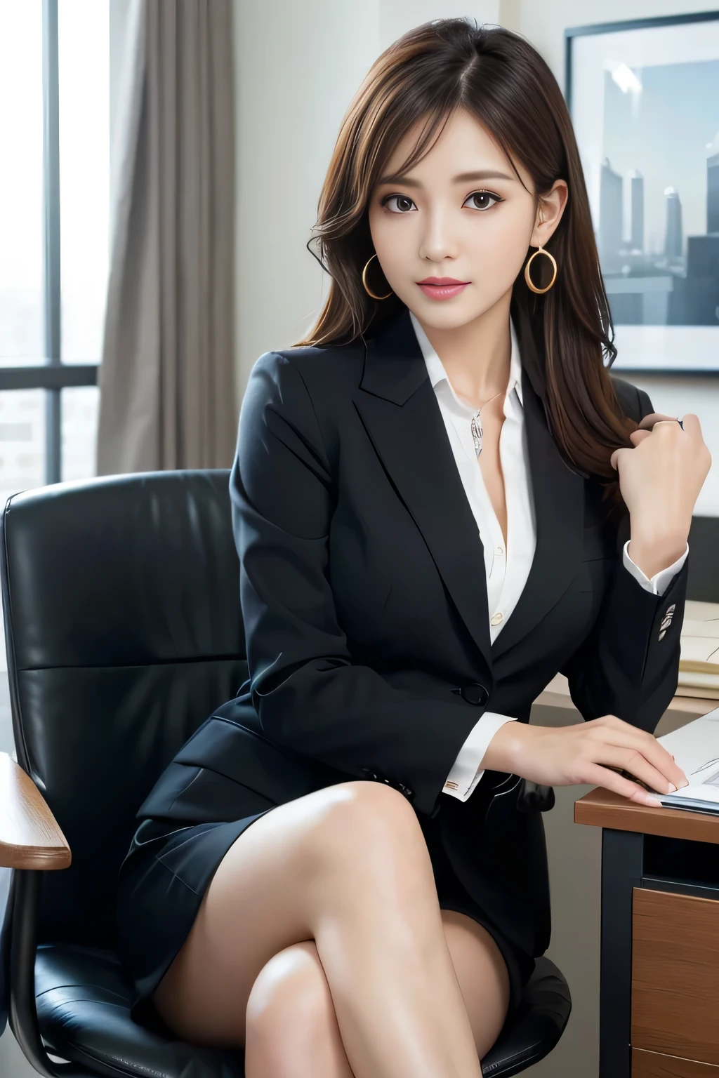 Woman in office room, white wall, Gray table, plant, window, sexy posester piece))), ((highest quality)), ((Complex)), ((surreal)), stupid reply, mature woman, mature woman, perspective, very detailed, figure, 1 girl, perfect hands, finger details, beautiful and fine eyes, short hair, brown eyes, chief executive officer(CEO), (business attire:1.2), open office shirt, Tight Skirt, black choker, earrings, (Ultra-realistic stockings:1.2), detailed background, Bedroom, perfect eyes, enchanting eyes, looking at the viewer, from below, realistic skin texture、shiny skin、exposed thighs!!!