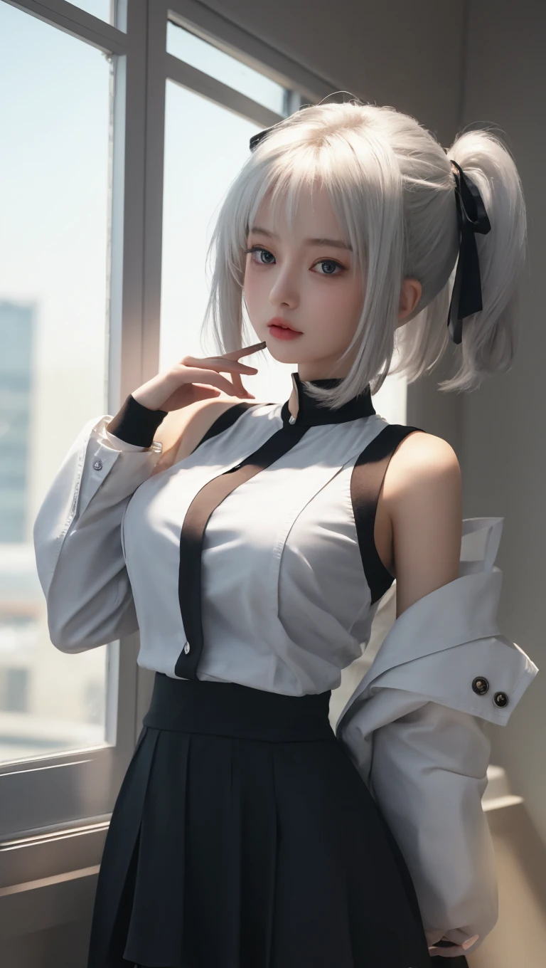 (Photorealistic:1.8, Highest quality:1.8,8K masterpiece:1.8,High resolution,Mastepiece:1.8,RAW Photos,Cinematic lighting)、Detailed Background、((Flat Color))、((colorful))、morning、maid Cafe、Window light、（Back view of a female store clerk holding a coffee cup)、TWICE&#39;s Tzuyu&#39; on pause、
（choker、Black maid outfit、hair ornaments、Black Mini Skirt)、(Beautiful thighs、Beautiful hips）、（smile、A rich expression）、(Medium Hair、Beautiful, shining red, white, brown and silver hair:1.5)、Sparkling Blue Eyes、Random Pause