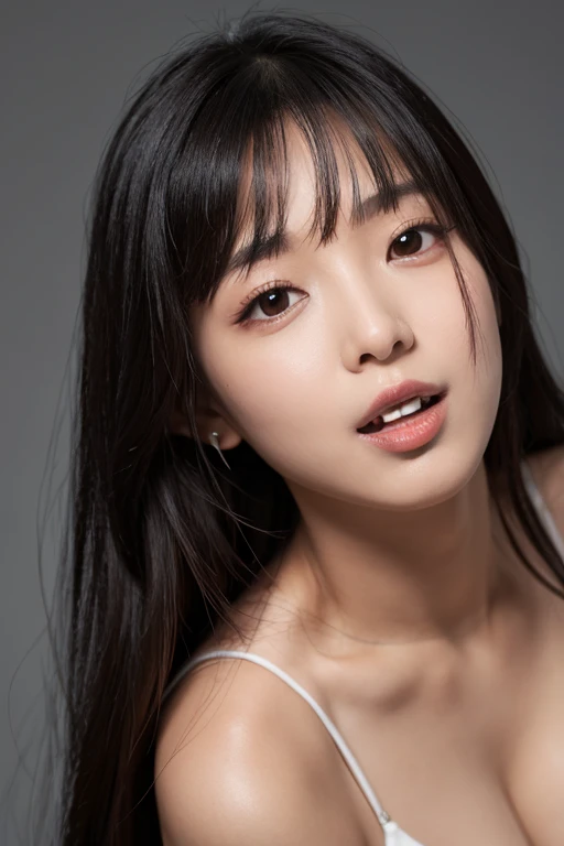(Detailed face),(vivid),Turtleneck sleeveless sporty lightweight(black and white plastic)Clothes,4K,Ultra-high resolution,（Photorealistic：1.7）,White Background,Black long hair,