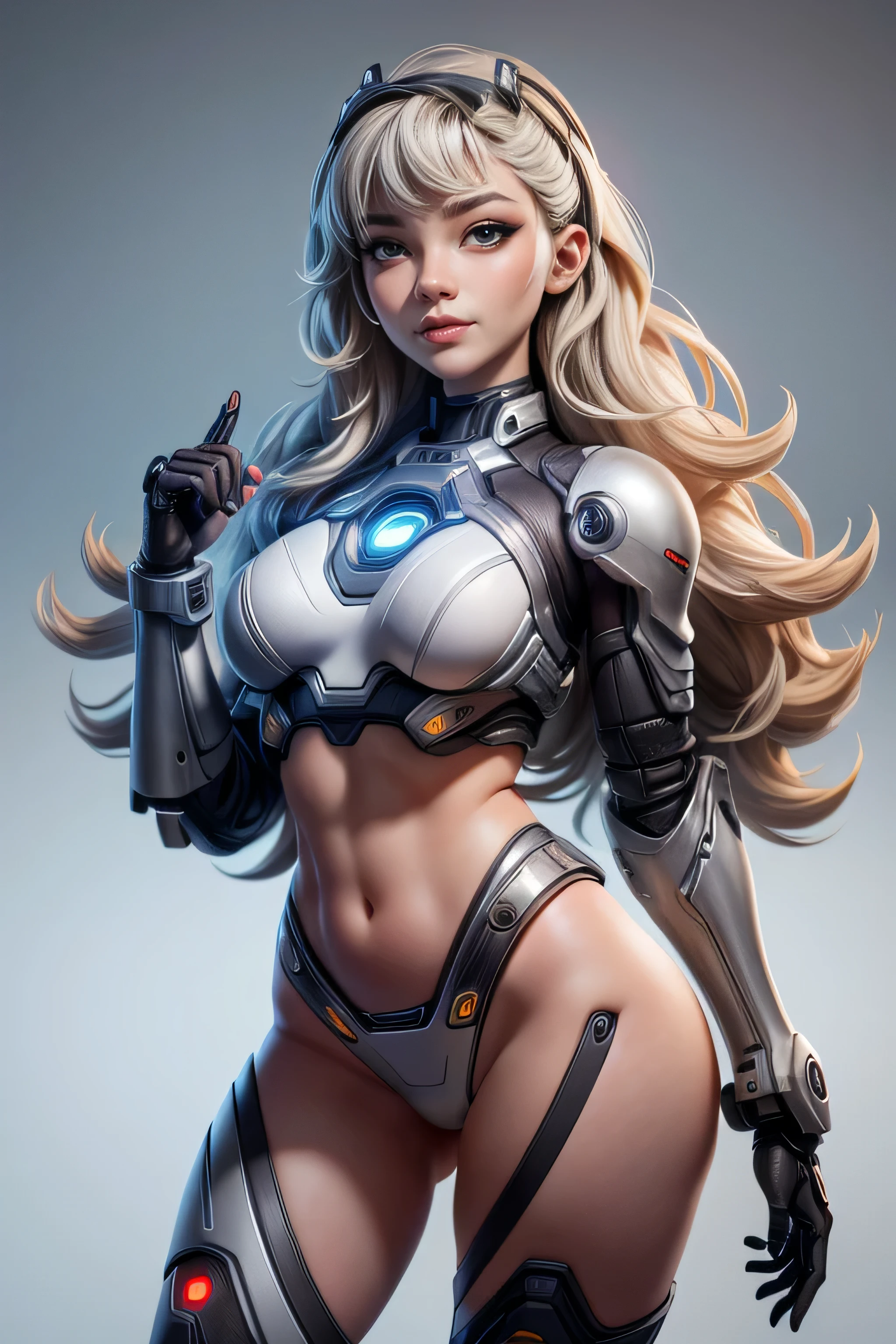 Young cyborg woman , cybernetic armor technology, with a bare belly , for the wavy cut, expression of happiness , top quality, masterpiece , super detail, lyrics, natural lighting , plain white background , without patterns, No textures.