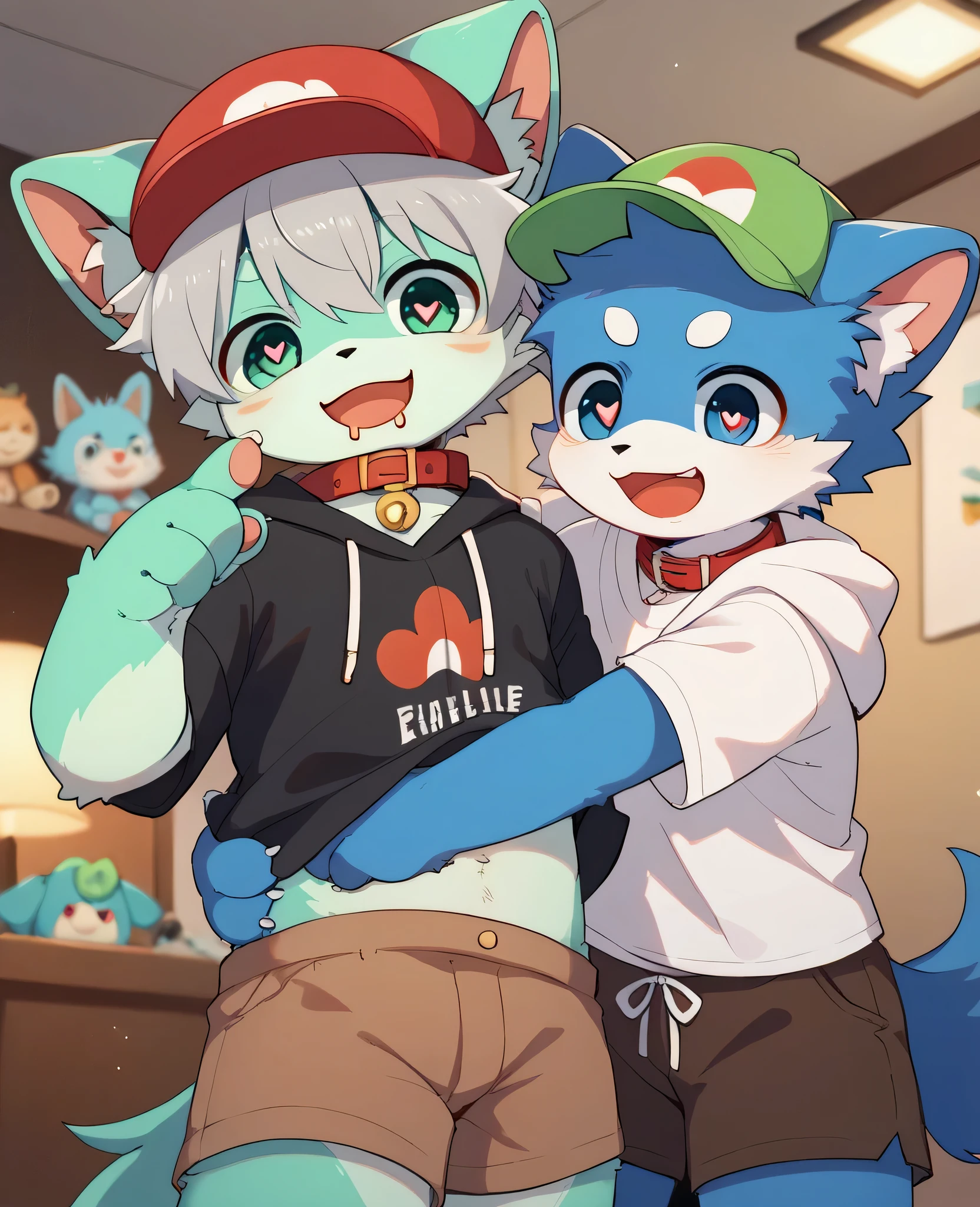 very detailedな, very detailed, blue fur gray hair,,male,骨を見てexcitedする, heart eye,participate, red collar, green white and colored hat, cute face, fluffy fur like one,excitedする,Horny boy,Beautiful room, 's room ,Smiling face,Dropped ears, let's play with toys!, ahe face,The inside of my mouth is drooling ,Sexy face,Estrus season,excited,Give me clothes , showing belly, my mental age is ,Want, brown shorts sweatshirt, Long Sleeve,Trendy,
