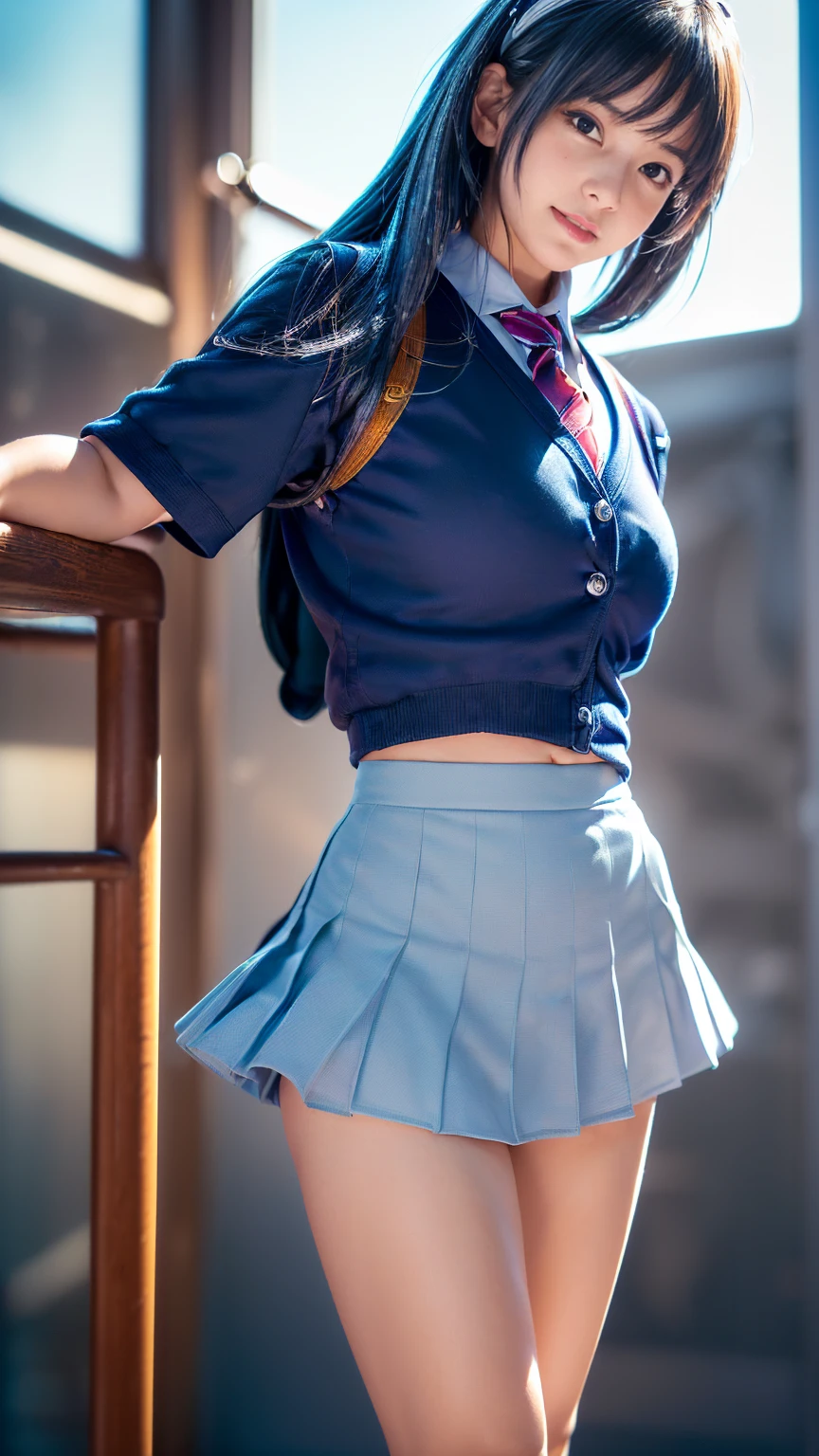 1 girl、A in uniform rolls up her skirt to show her sports pants、Black short hair、Cute like an idol、Embarrassed look、thin、small, Shapely breasts、Healthy Thighs、summer 、Pick up the blue pleated skirt and lift it up.、Red sports pants、Cowboy Shot、Anatomically correct、Accurate Fingers、Accurate Rimbuster Piece、Accurately drawn faces、Photographic reality、