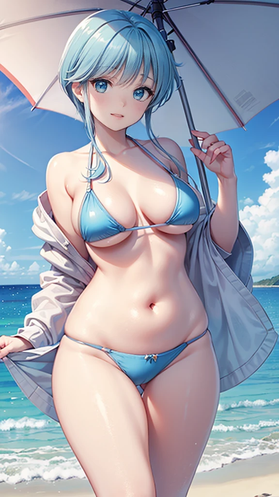  1 woman with an umbrella,  plump chest ,  Light Blue Bikini,  Light Blue Hair ,  slim figure ,  Beautiful Waist Line , very cute, Smile, beach, No umbrella 
 