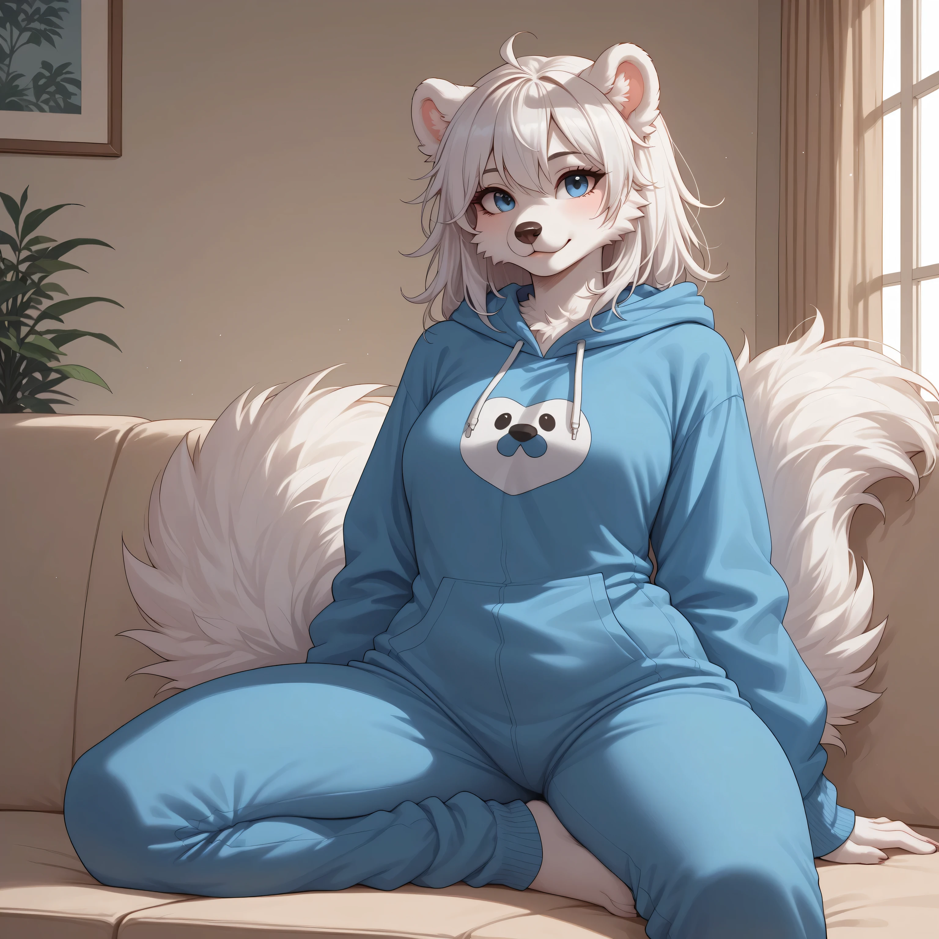 (Masterpiece) (High Detail) (High Res) A short small Polar Bear Anthro Female with White fluffy fur over her body and long white hair and bright blue eyes and a fluffy short bear tail and a curvy body and average breasts. She is sitting on a sofa with her hands behind her back and she is wearing a blue fluffy hoodie onesie. Anthro. White Fur. Fluffy.