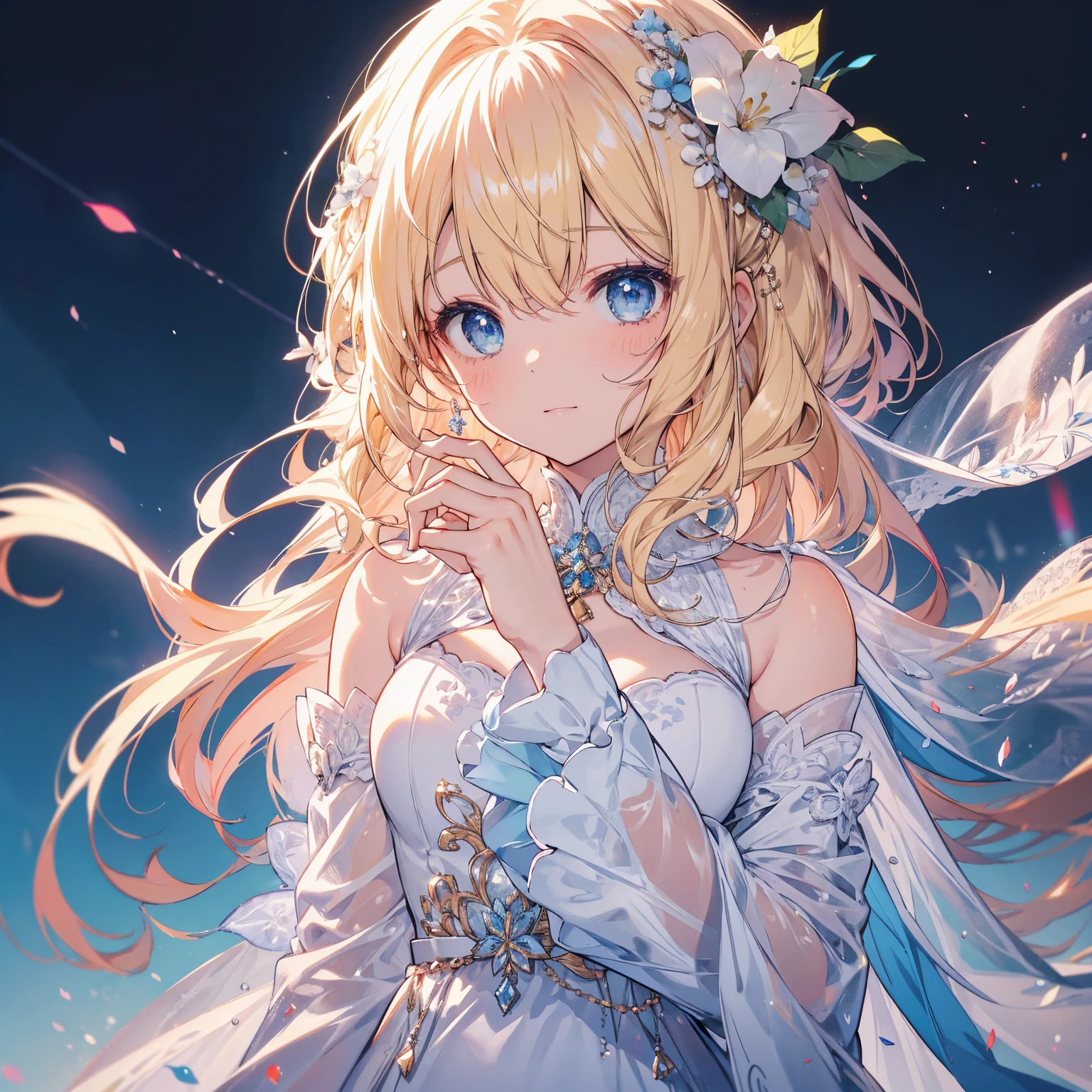 masterpiece, best quality, extremely detailed, high resolution, Japanese anime,1girl, blond hair, (medium length hair:1.4), curly hair, wavy hair, drill hair, (mechanical horn:1.5), mechanical wing, (blue eyes:1.5), (beautiful detailed eyes:1.4), laugh, 130cm tall, original character, fantasy, (black background:1.2), (full body:1.8), beautiful fingers, standing, (black white lace frill armor dress:1.5), (bejeweled headgear:1.5) , shoot from front, looking at viewer