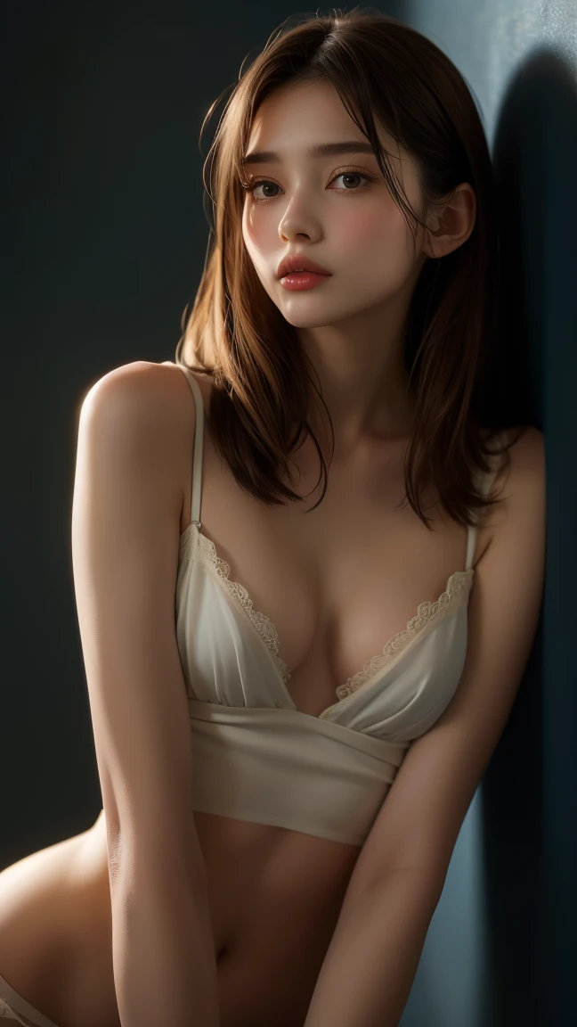 Highest quality, masterpiece, Ultra-high resolution, (Realistic:1.5), RAW Photos, 1 Girl, ((( In the Dark, Deep Shadow))), secret key, Cold Light,Dimly lit room、 ((Sexy Looks)), Small breasts、Black see-through camisole over naked body、