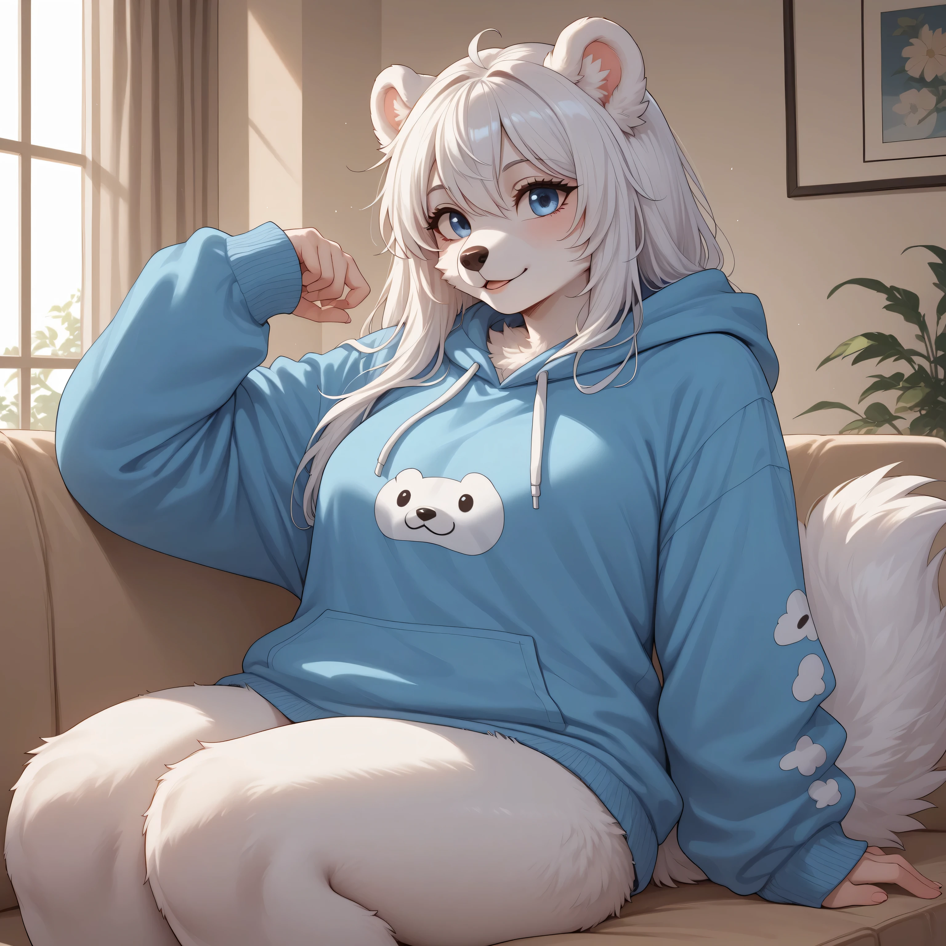 (Masterpiece) (High Detail) (High Res) A short small Polar Bear Anthro Female with White fluffy fur over her body and long white hair and bright blue eyes and a fluffy short bear tail and a curvy body and average breasts. She is sitting on a sofa with her hands behind her back and she is wearing a blue fluffy hoodie onesie. Anthro. White Fur. Fluffy.