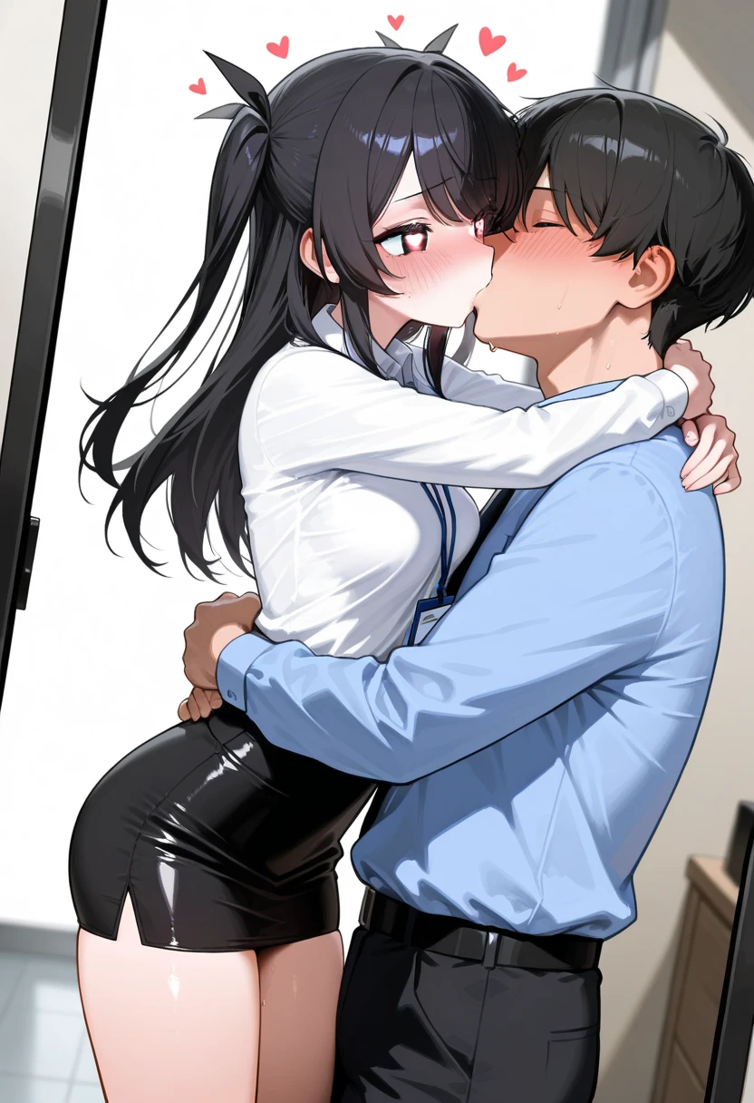 masterpiece, best quality, 8k, RAW photo、 heart-shaped light in the eyes、 small breasts 、black two-side up hair、 embarrassed expression、 mouths、 with bangs、 the girl has a happy expression 、(( deep kiss with a guy in my classmate))、Hug a fat elderly man、(( Thin Thighs))、Bare legs、 black tight skirt 、 nameplate 、's address, office lady、