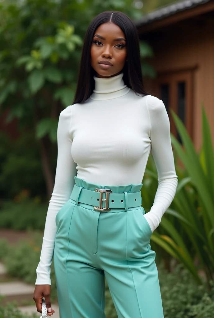 Create a realistic depiction of a 23 year old African lady who is smartly dressed for church. She should be wearing modern, Her outfit should prominently feature green pullneck and white skirt. She should have a very thick build and appear realistic."