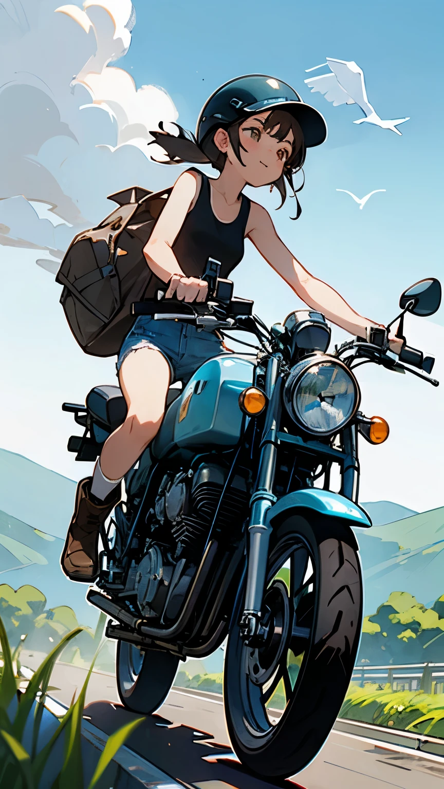 best quality 、(One Girl Vintage_ motorcycle riding)、 dark brown shortcut 、 he's wearing a jet helmet、 helmets have 、 black and white lines running back and forth in the center .。.、 white tank top、 pink rider jacket 、 denim shorts、 white knee-high socks 、 brown work boots 、 Japanese Countryside Scenery、Kawabe road、Small Stream、Dirt Track、 weeds grow on the side of the road 、 blue sky、 floating white clouds 、Early summer sky 、Sky blue bike 、 birds are flying、smile