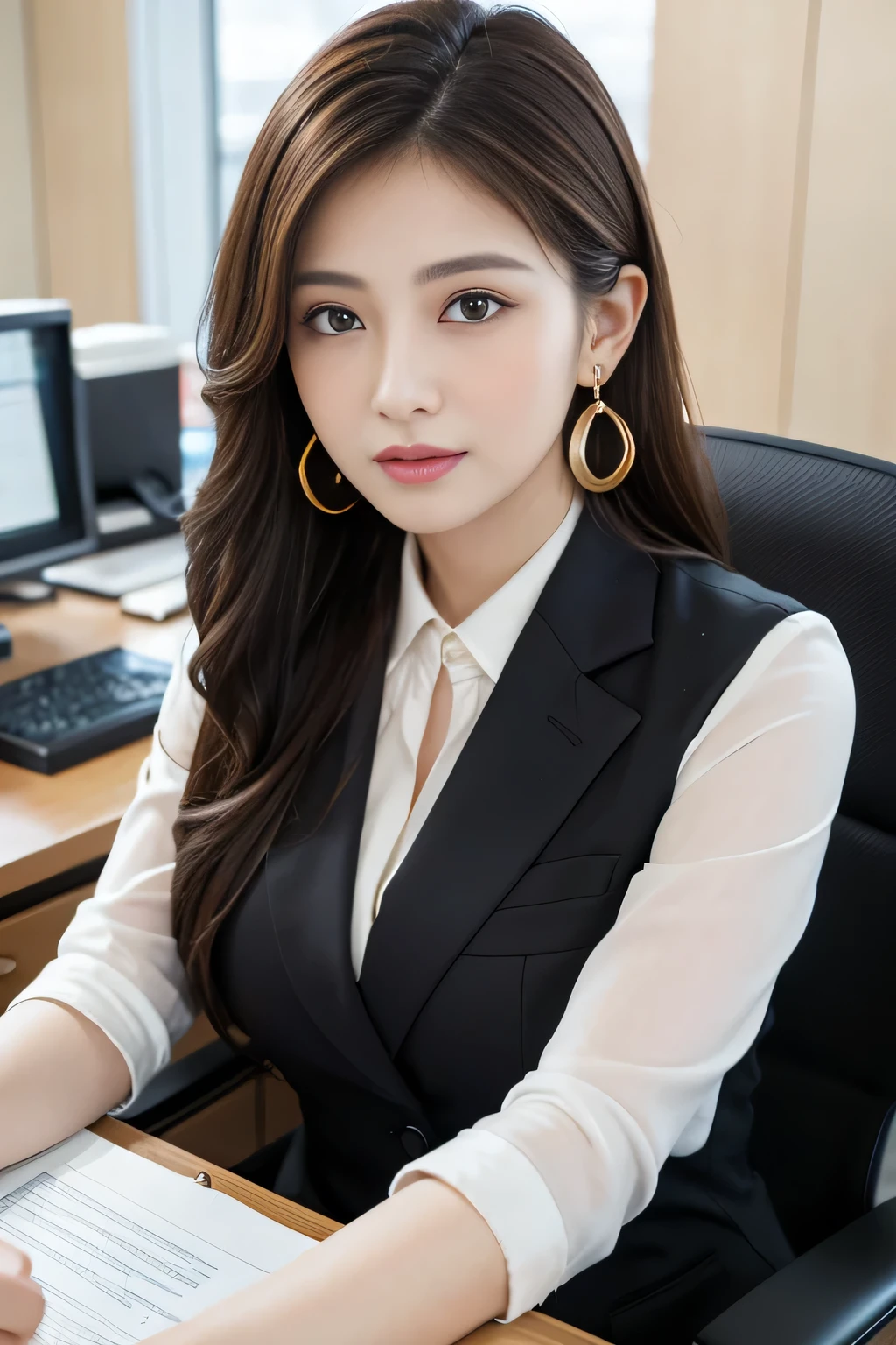 Arafed woman in a black suit sitting at a desk with a laptop - SeaArt AI