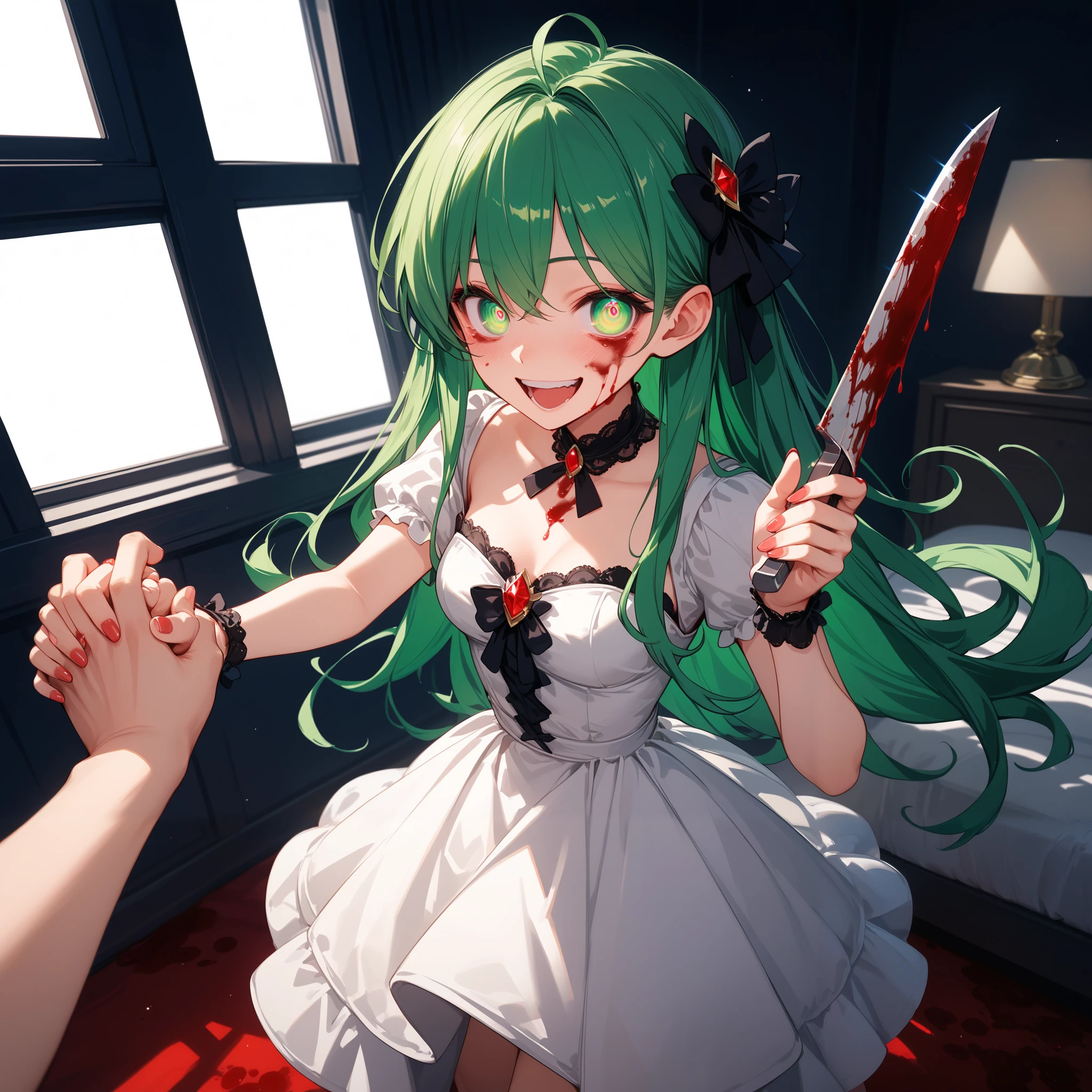 masterpiece, best quality,1girl,x-shaped pupils,smile,wedding dress,holding knife,holding flower, torn clothes,cleavage, blood on face, blood on clothes,
