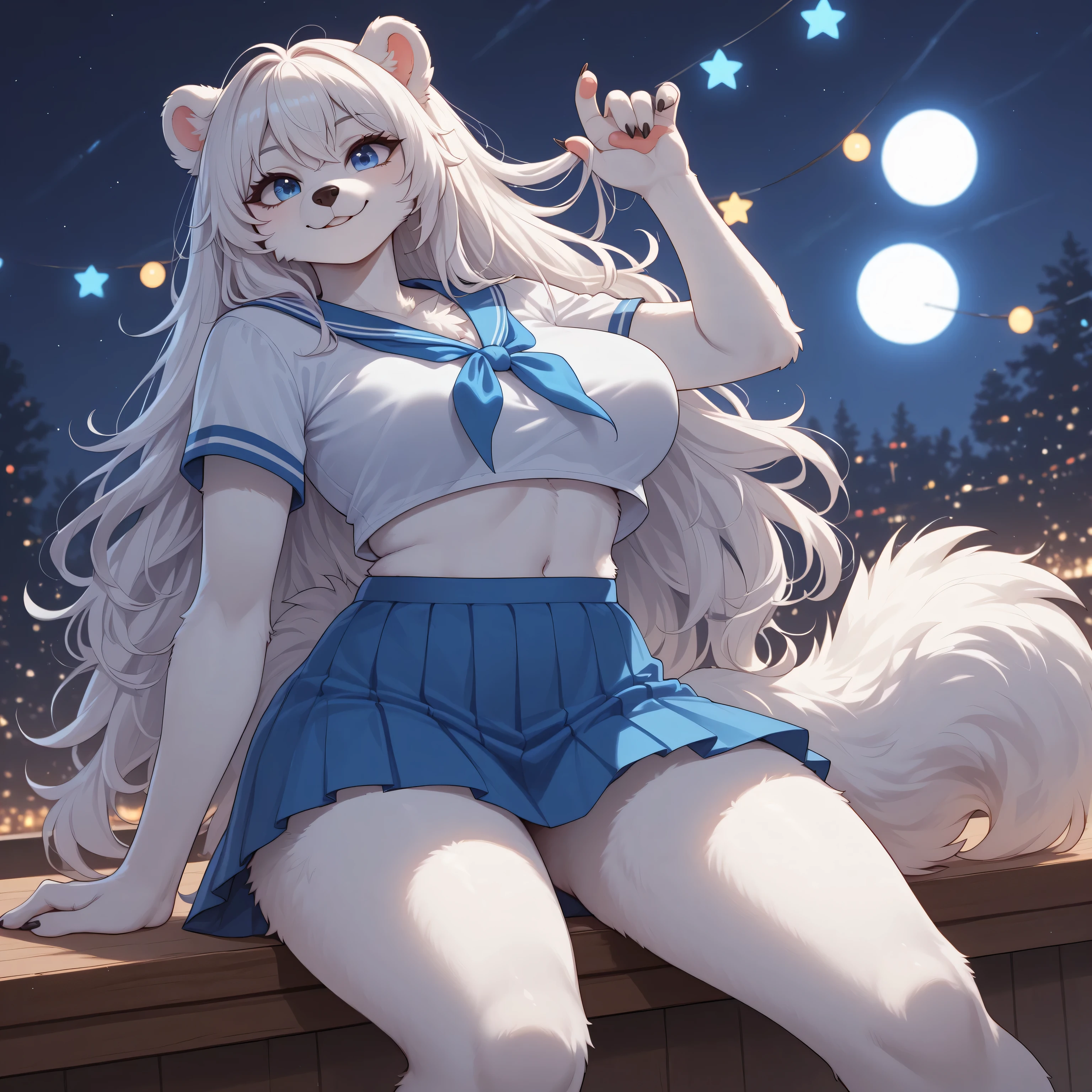 (Masterpiece) (High Detail) (High Res) A short small Polar Bear Anthro Female with White fluffy fur over her body and long white hair and bright blue eyes and a fluffy short bear tail and a curvy body and average breasts. She is wearing a sequin covered party top and a matching skirt. She is in a nightclub. Dark night club. Spot lights. Anthro. White Fur. Fluffy.
