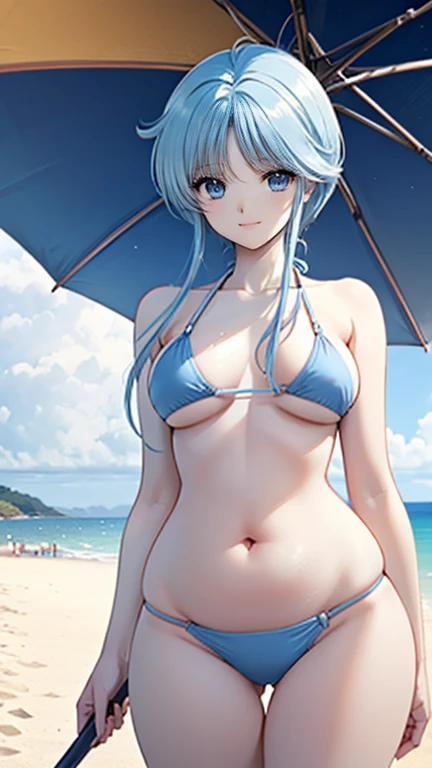 (Sky blue medium hair),(Braided hair tied together)、Pink eyes、Fair skin、(whole body)、(One Girl)、Black Swimsuit、Stylish sunglasses、Shining white sand beach in midsummer、Hawaiian Ocean、A big smile、、(masterpiece、Highest quality、Very detailed、Best Shadow)、(Detailed Background)、(Beautifully detailed face)、High contrast、(Best lighting、Very delicate and beautiful)、((Cinematic Light))、colorful、Hyper Detail、Dramatic Light、Exquisite detail、Standing with your legs apart