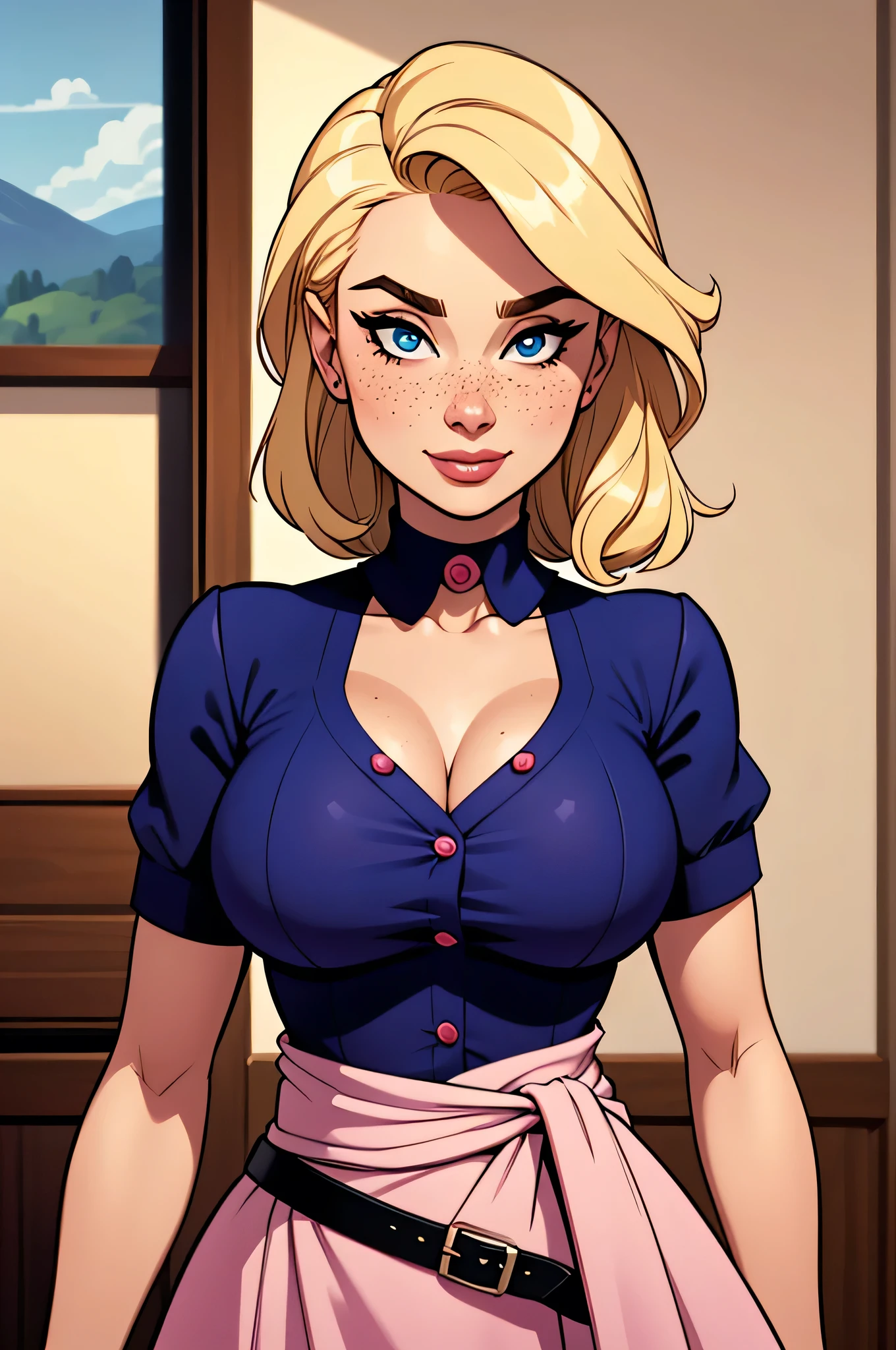 ( absurd, HD , ultra detailed, be careful with your hand ) Close up of a thin and athletic woman, 25 years, 8k (( high definition )), sighing smile , seductive look, blue eyes, nose fine, PINK DRESSED SHIRT (( V-neck, with buttons, short sleeves and collar )), discreet skirt with belt, thin waist, mid hip, your two arms are positioned on the sides of your body, white skin , blonde hair (( long and straight )), walking around the room (( upper body )), with freckles on the neck and breasts , (( big round breasts )), ((Well defined collarbone)). Marvel style (( HQ )), forest in the background .