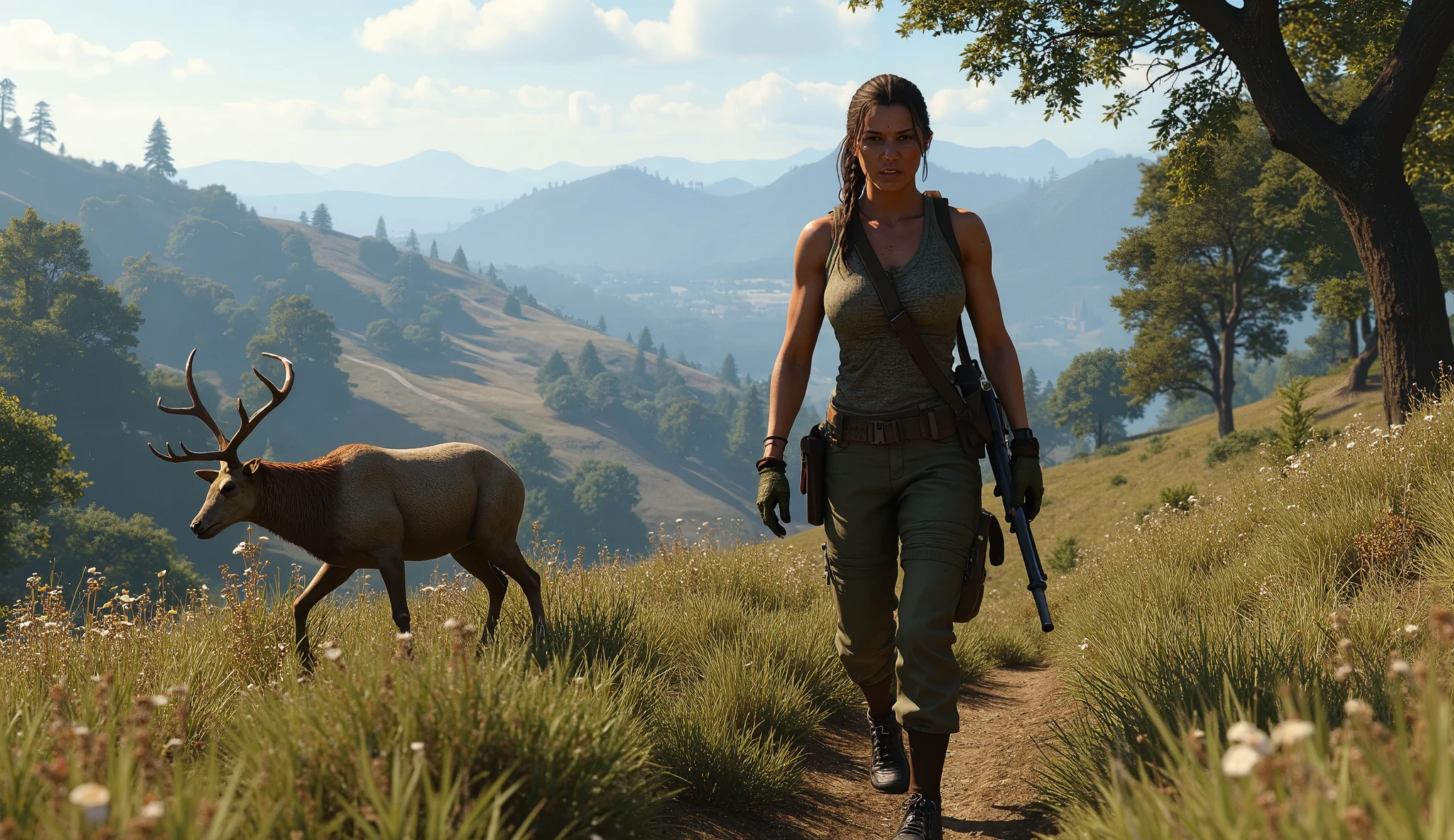 stunning full body shot of quiet_mgsv playing with a tactical german shephard, desert background, cinematic lighting, bokeh, highly detailed, cinematic film still, epic, gorgeous, <lora:quiet_prodigy_sdxl_3600-000051:0.75>