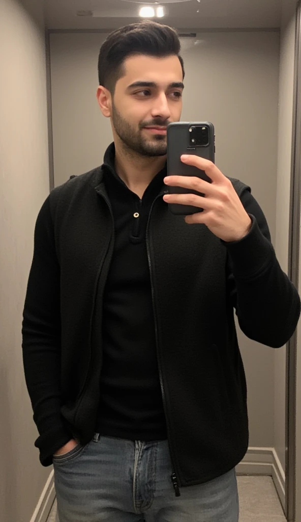 1 man, muscular, veined arms, wearing black suit, Black hair, handsome, realistic, hd, Mirror Selfies, Height 190, short black hair