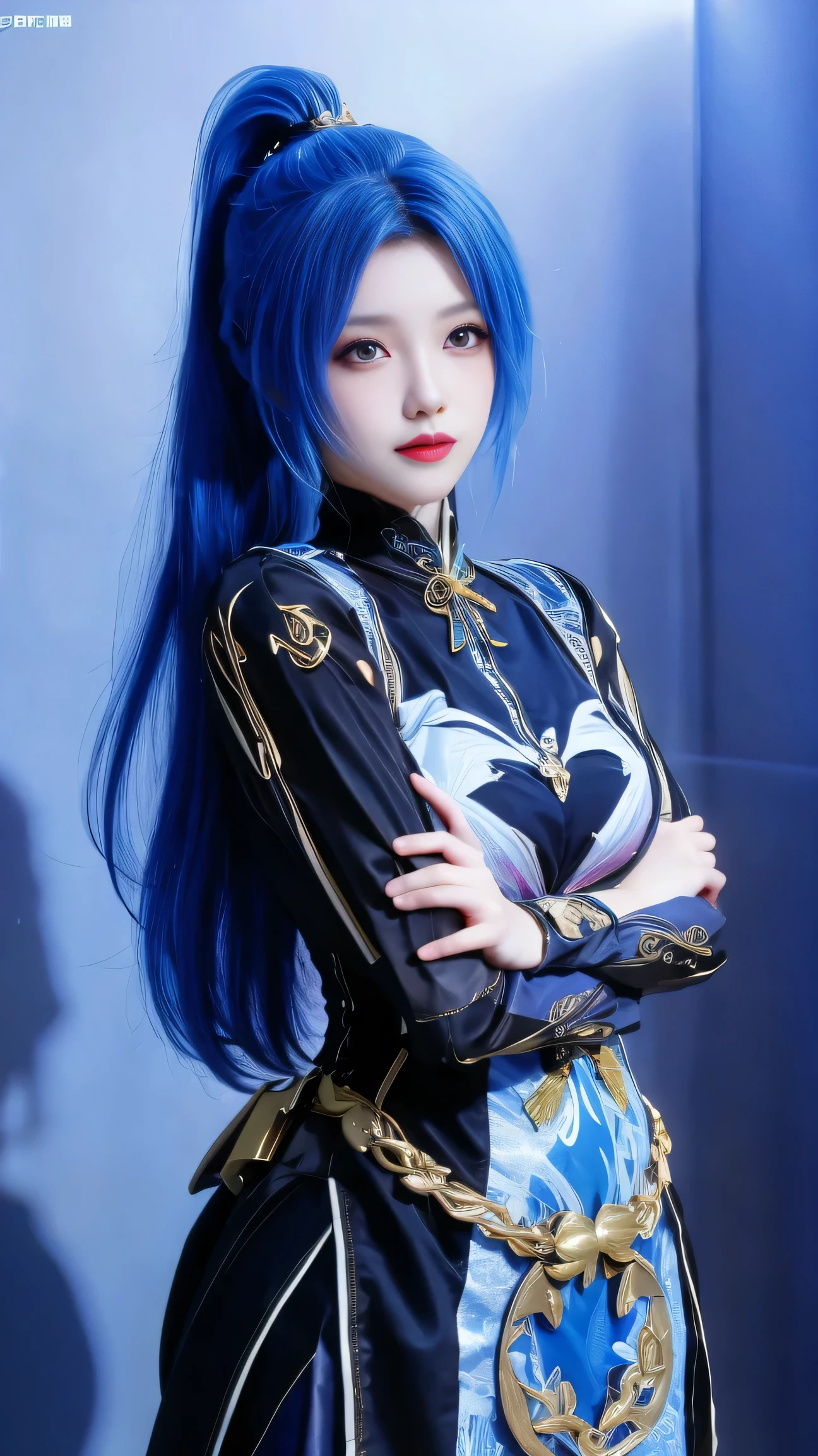  (best quality), (masterpiece), (Ultra-high resolution), (Clear face), （Reality： 1.4）, (perfect lighting),(photorealistic:1.30), anime wallpaper, Guviz style artwork , fantasy cover up to magic , by Yang J, Guviz, beautiful artwork illustration, beautiful digital artwork, beautiful digital illustration, Li Song, beautiful anime portrait, art style at Beauvot,illustration, ethereal and beautiful, highly detailed, CG, unity, 8k wallpaper, Amazing, fine detail, official art, highly detailed CG unity 8k wallpaper,absurd, extremely absurd, large file size, highly detailed , high resolution, very detailed,beautiful girl with details, very detailed eyes and face, beautiful detailed eyes,light on the face, Wang dong'er, blue hair, long hair, ponytail, hair ornament, blue dress, Long sleeve, Skirt, Short skirt l, Armor suit, standing, full body,