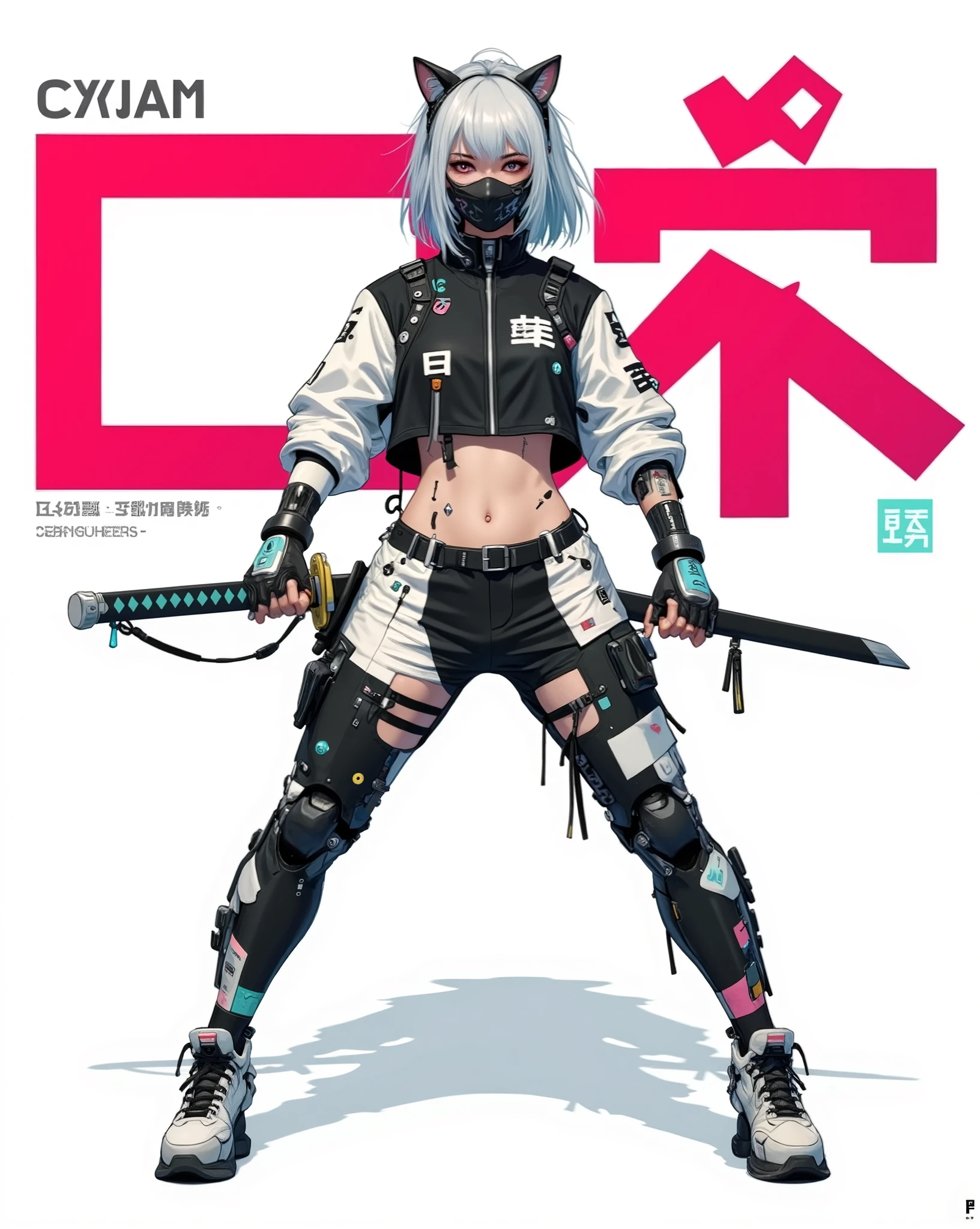 a stylish cyberpunk female character with a bold and edgy aesthetic. She wears a cropped black-and-white varsity jacket paired with modern tactical straps and thigh-high stockings, emphasizing a sleek and athletic look. Her short silver hair is accented with cat ear headbands, adding a playful yet fierce touch.
The character wields a katana, which hangs at her hip, hinting at her combat readiness. A matching face mask adds to the futuristic vibe, while the bold Japanese typography in the background amplifies the cyberpunk-inspired theme. The outfit balances functionality and fashion, creating a visually striking, dynamic design.