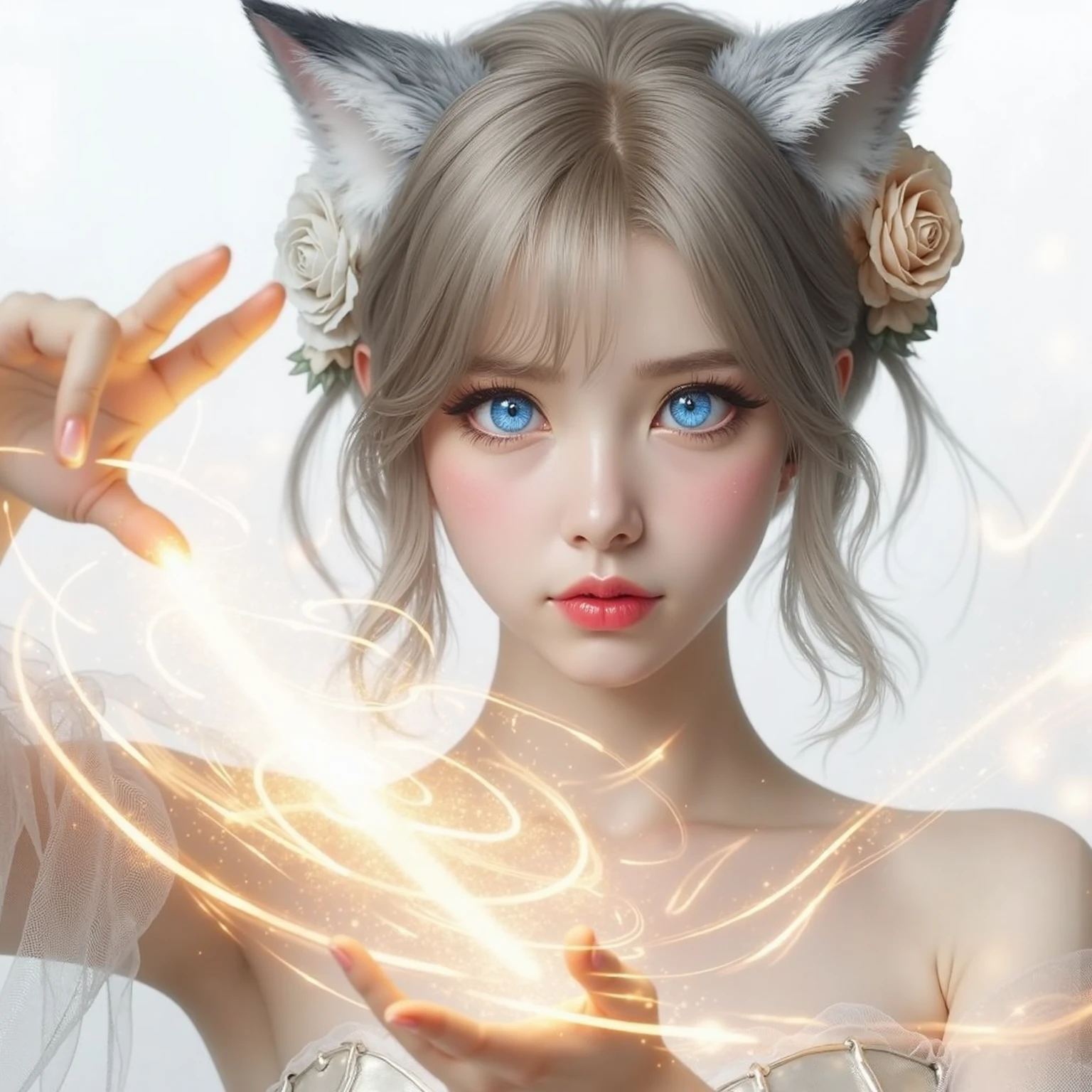 Desert, windy weather, white wolf, ((highest quality, masterpiece, 8k, best image quality, ultra high resolution, Award-winning work), (accurate anatomy:1.1), (look at me and smile:1.1), Shining fair skin with ultra high resolution, most detailed face, ultra high resolution detailed face, white short hair flowing, Beautiful face drawn in every detail, ancient colorful Greek clothing, modest breast, real wolf beside the girl, HDR, UHD, studio lighting, ultra-fine painting, sharp focus, physically-based rendering, extreme detail description, professional, vivid colors, bokeh, photo-realistic:1.37), portraits, landscape, horror, anime, sci-fi, photography, concept artists, warm color tones, soft lighting, dance with wolves.
