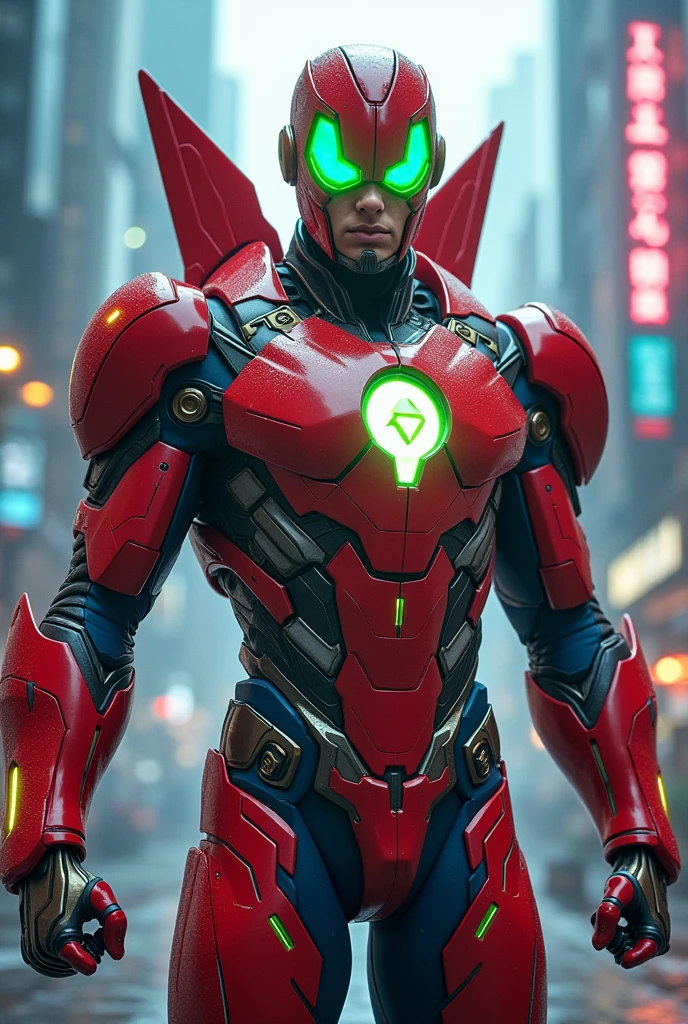 cyborg with a red and green armor with powers of lightning and supersonic speed