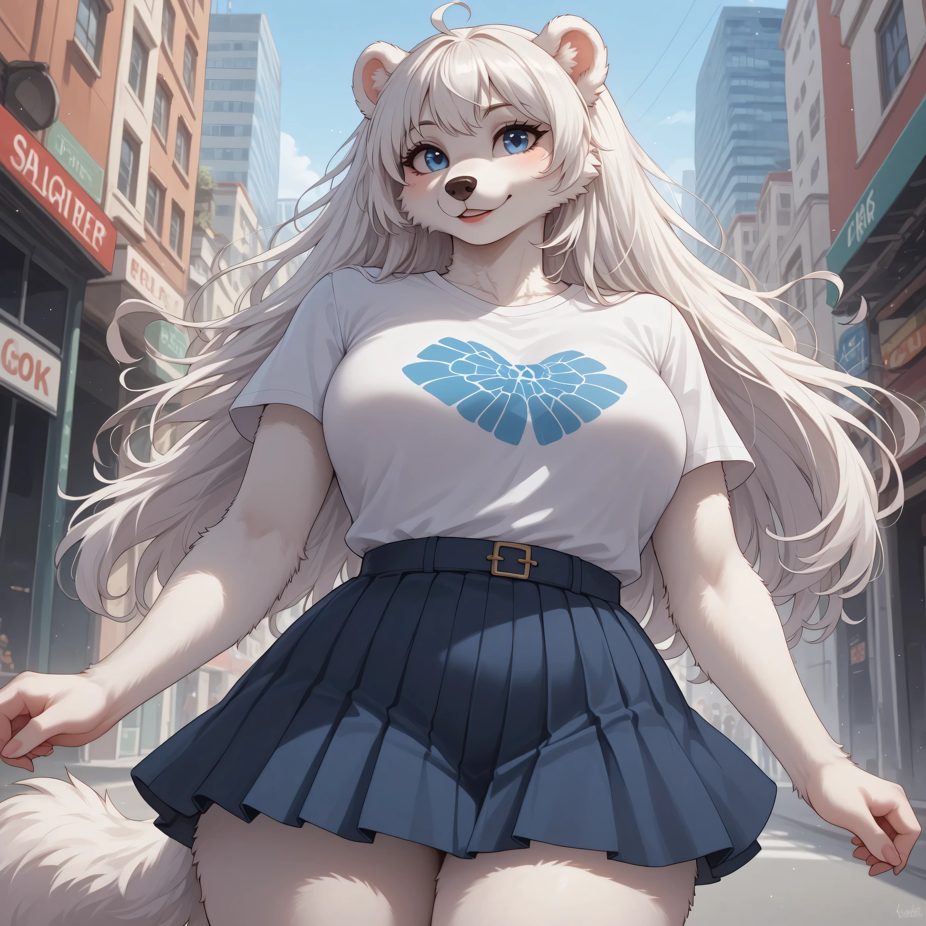 (Masterpiece) (High Detail) (High Res) A short small Polar Bear Anthro Female with White fluffy fur over her body and long white hair and bright blue eyes and a fluffy short bear tail and a curvy body and average breasts. She is taking photos with her camera. She in the city. Skyscrapers in background. She is wearing a skirt and t-shirt. Anthro. White Fur. Fluffy. 