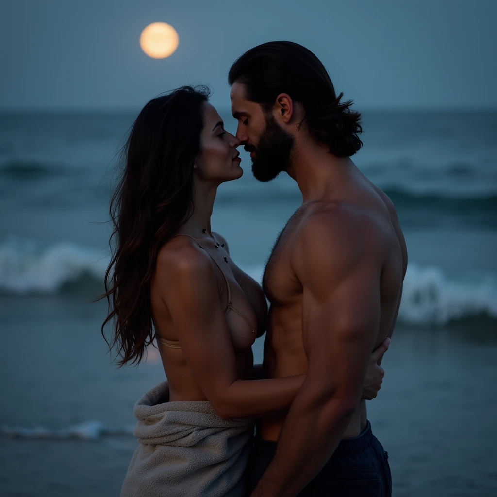 Beautiful and detailed female warrior with Mediterranean features and dark skin naked hugging and kissing passionately with a naked warrior man.、、Full length portrait、Side camera shot、Wide shot、((Perfect body with wounds, scars and dirt showing her naked strength and beauty and sensuality.:1.4))、(In a gloomy environment with a huge full moon.:1.5))、Ideal body type、The female warrior with perfect big breasts、Small and detailed waist、Exquisitely detailed butt、Beautifully detailed crotch、Exquisitely detailed thighs、Beautifully detailed green eyes、Beautiful face、Captivating and mischievous gaze、Long and loose brown hair、(without clothes), the warrior with a dark beard, perfect detailed muscular body. Ultra-compact、8K、Hyper-realistic、Dramatic lighting, chiaroscuro, dramatic atmosphere, elegant, functional, individual, photorealistic, awards, Exquisite details, volumetric lighting, vibrant colors, cinematic, masterpiece.