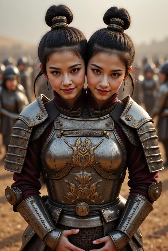 Two women in armor standing side by side, highly detailed surreal vfx, Inspired by Peter Lindbergh, Colors are desaturated and muted, Inspired by Nikolay Avramov, Clock Punk, Delicate and beautiful face, author:Steven James Petrusio, Prometheus (2012)