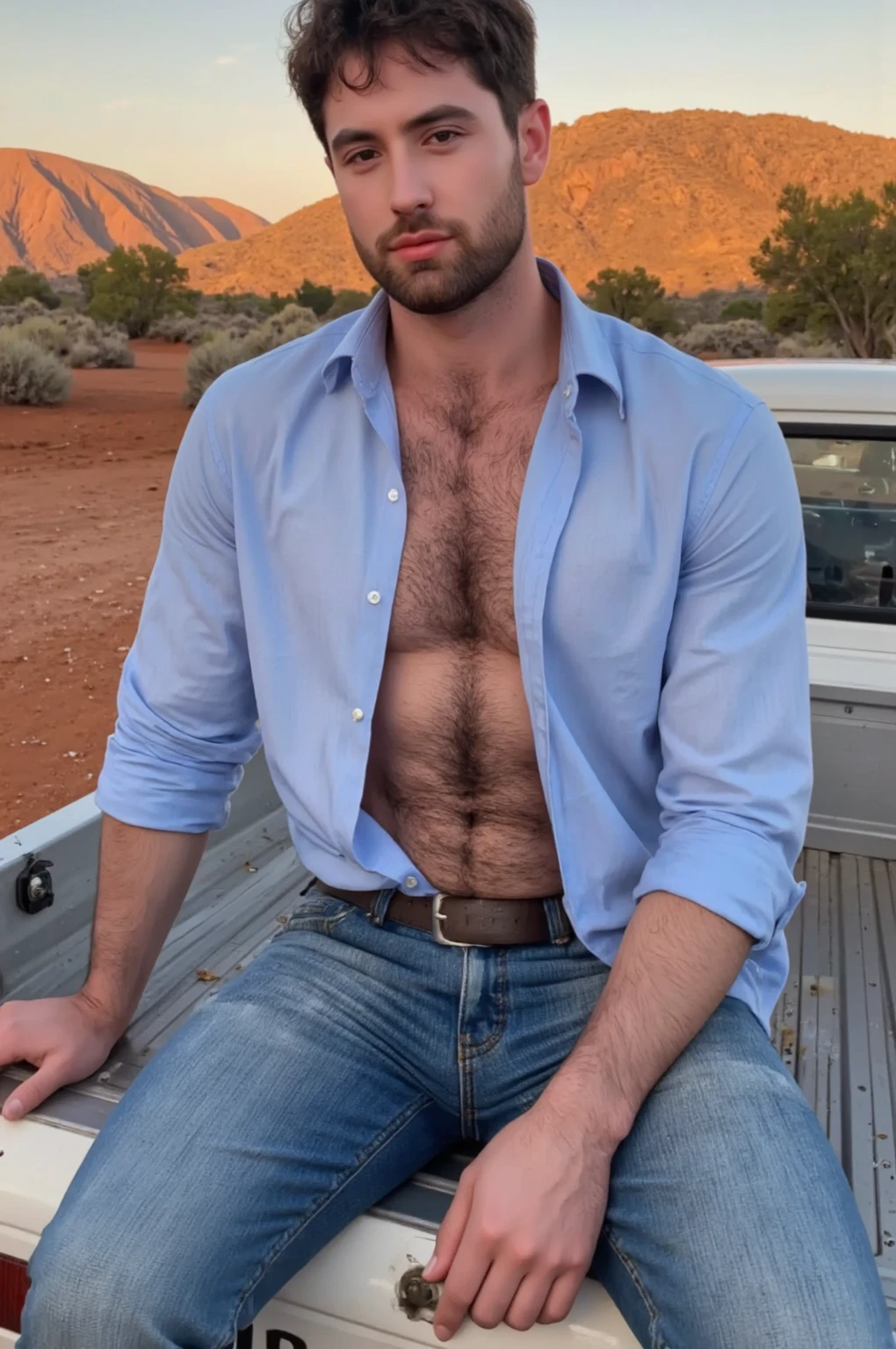 Masterpiece, denoise, void noise, one man, best quality, 8k resolution, male focus, focus only, amazing composition, volumetric lighting, super quality, elegant, Very detailed, front view, -----------, 35 years old, mature face, muscular, (((Caucasian white man, white skin:1.5, pale skin))), handsome, (detailed yellow eyes), ((dark brown hair)), big ears, (hairy body:1.5), (scruffy beard), (((((Jim Sturgess mixed with Russell Tovey))))), ((big pink nipples)), ------------, (((beach shorts))), (((light-colored hawaiian shirt))), (((rubbing chest))), (((sitting, legs open facing viewer))), (((penis poking out, masturbating)))