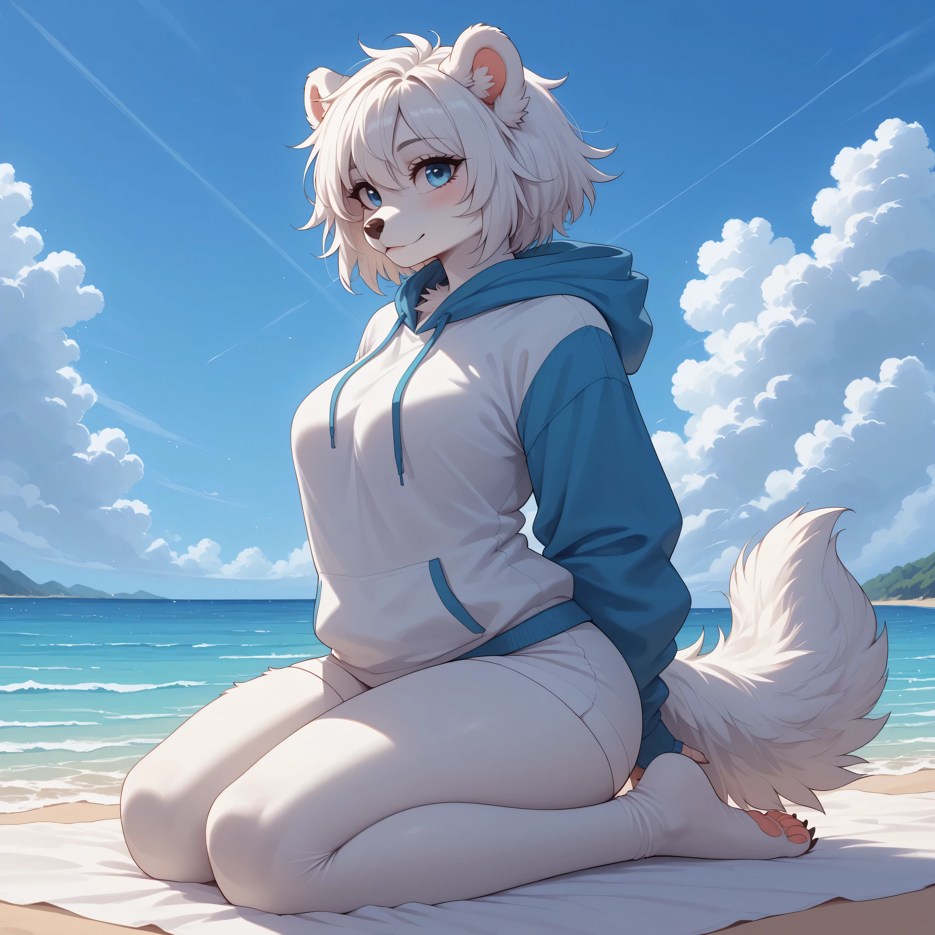 (Masterpiece) (High Detail) (High Res) A short small Polar Bear Anthro Female with White fluffy fur over her body and long white hair and bright blue eyes and a fluffy short bear tail and a curvy body and average breasts. She is kneeling on an iceberg in the ocean with her hands behind her back and is wearing a hoodie and leggings. Anthro. White Fur. Fluffy.