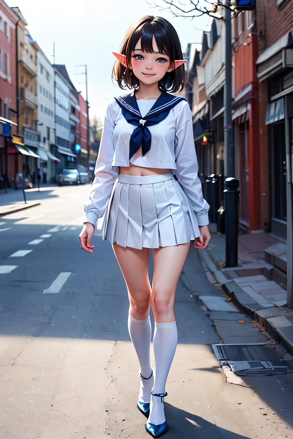 There is a woman walking down the street in a short skirt - SeaArt AI