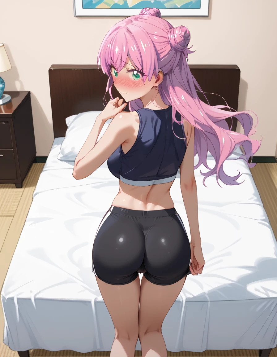 high resolution, masterpiece, beautiful detailed face, Naruto art style, Sakura Haruno, 1girl, ((bimbo))), pink hair, pony tail, blue eyes, puffy lips, painted lips, thick lips, wide hips, thick thighs, big breasts, sexy face, shiny skin, huge fake ass, pink panties, pink bra, looking back, legs, Brazilian butt lift, adjusting panties, tight panties, bed, night