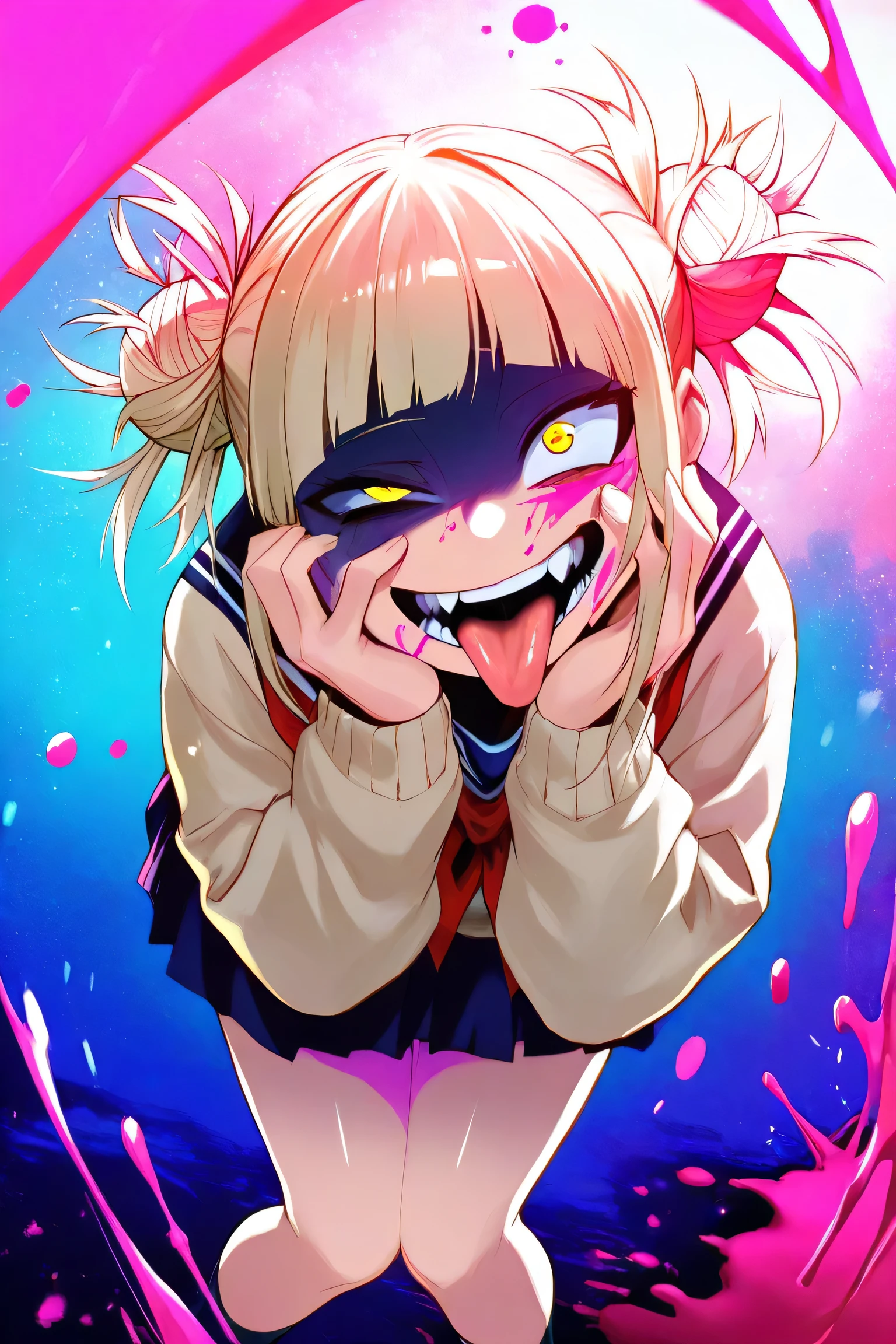 rim light, masterpiece, best quality, amazing quality, very aesthetic, high resolution, ultra-detailed, absurdres, newest, scenery, dark, 1girl, toga himiko, glowing yellow eyes, (blood on face, pink blood:1.2), crazy smile, shaded face, teeth, fangs, (open mouth:1.2), tongue out, lip licking, double bun, crazy eyes, wide-eyed, big eyes, sanpaku, (uneven eyes:1.2), raised furrowed eyebrows, pink blood, (hands on own cheek:1.2), school uniform, from above, looking up, dutch angle, head tilt, leaning forward, knees together feet apart, twisty pose, dynamic, colorful light particles, (pink:0.7) colorful background, backlighting, wide shot, BREAK, hands, fingers, mouth, tongue, ears, detailed tongue, extremely detailed, extremely detailed eyes, photorealistic details, detailed skin, detailed hair, delicate hair, shiny skin, volumetric lighting