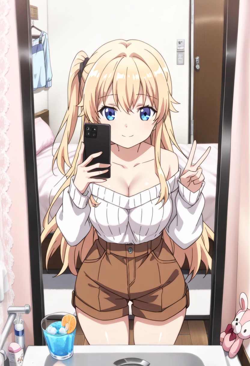 1girl, blonde hair, blue eyes, head ornament, school uniform, fur vest, long hair, serafuku, underboob, tan, nail polish, holding phone, smile, lipstick, looking at viewer, indoors, classroom <lora:Elina XL:1> anime screencap, score_9, score_8_up, score_7_up, score_6_up, score_5_up, score_4_up, BREAK source_anime, masterpiece