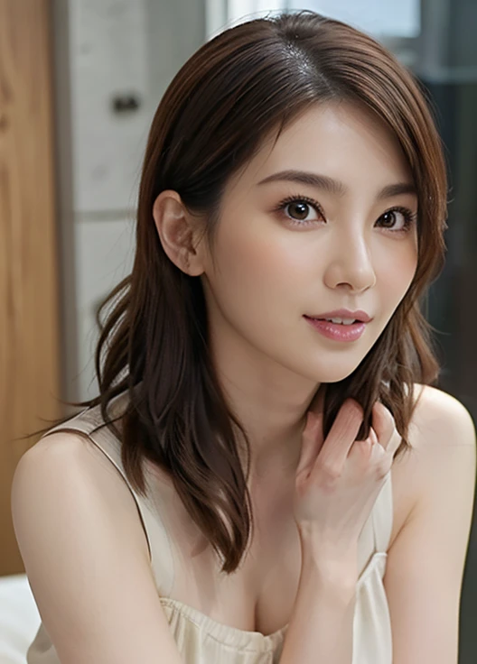 (RAW Photos), (Photorealistic), (masterpiece), (Highest quality), High resolution, 8K, (Intricate details), (Volumetric light), Portraiture, woman, 22 years old, short hair, Straight hair , Layered Hair, Brown Hair, Very beautiful eyes, Source order, Very thin eyebrows, Very fine skin, Very beautiful mouth, Very nice nose, Cute like an idol, Smile, ((Thick lips)), (Looking at the audience ), (Elegant blouse),Cleavage、The bra is red 、Large Breasts、