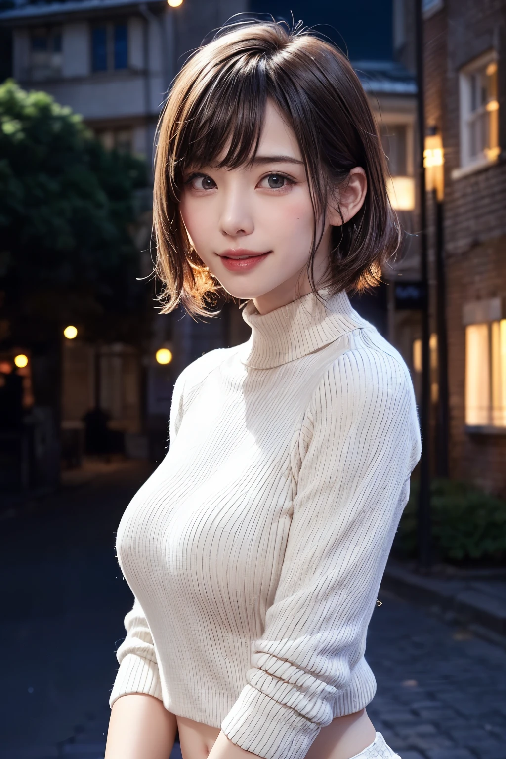((masterpiece)), ((Highest quality)), ((Complex)), ((Surreal)), (Realistic), (Mature Woman), ((No classes)), Very detailed, (1 female), Beautiful and detailed, (Beautiful Teeth), Grin, Brunette Bob Hair, Brown eyes, (Turtleneck sweater), (Upper Body), (background: none), backgroundぼかし, Perfect Eyes, Captivating eyes, Looking at the audience, from before