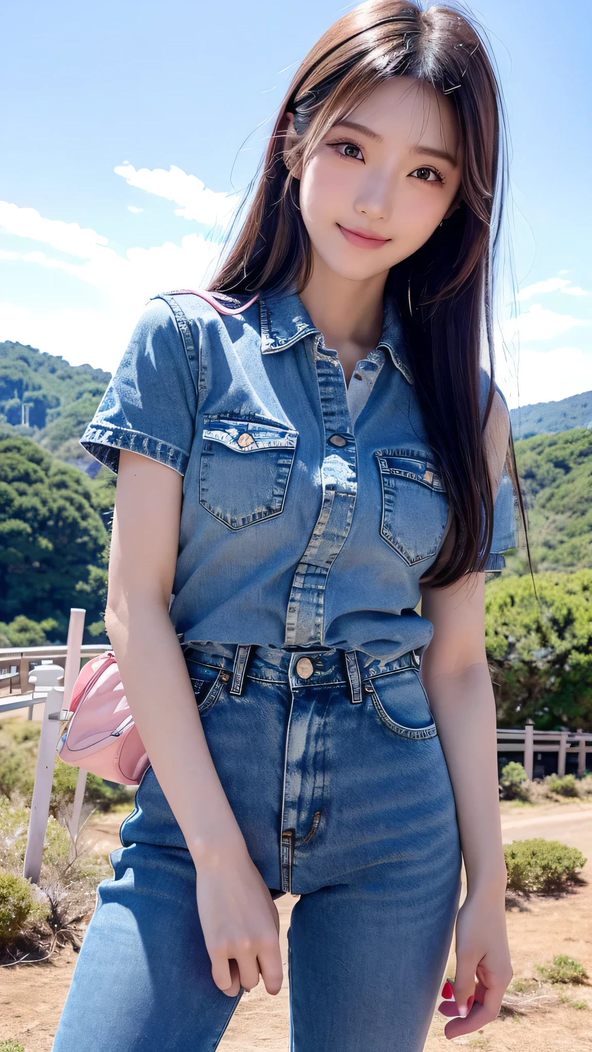 8k resolution, surreal, very detailed, High Quality , perfect anatomy, ( girl : 1.1), girl 1名, Beautiful Japanese Women,18 years old, , detailed face, long hair, ( Face Details ),(Full body high definition image), ( pink shirt and denim ), ( cameltoe), cute smile, Japanese idol face, ,(((Park on a hill where the sky is passing through )))