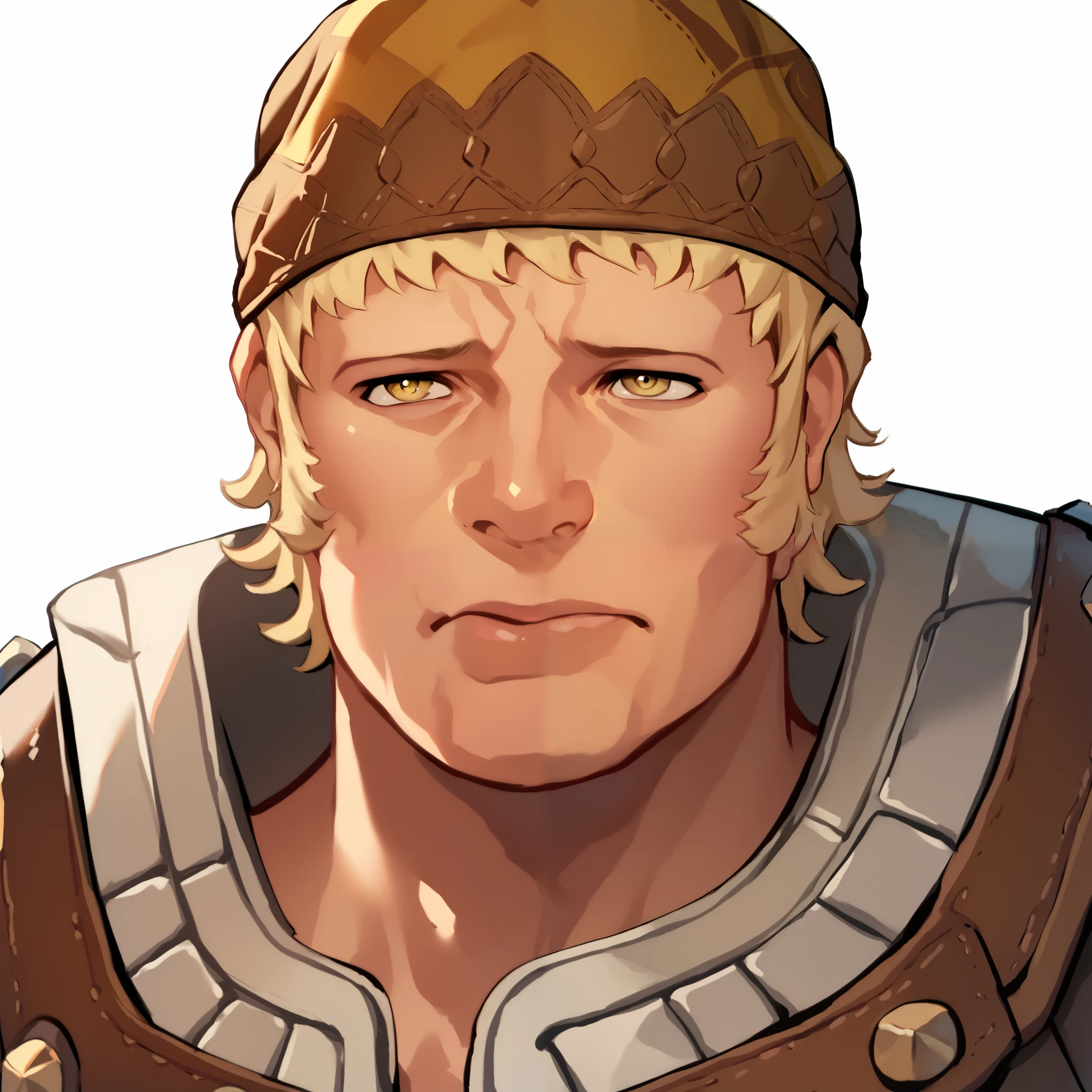 THRaph, sideburns, bandana, musculoskeletal々Male, Warrior Costume、whole body、 upper body、muscular male, short hair, yellow eyes、sad