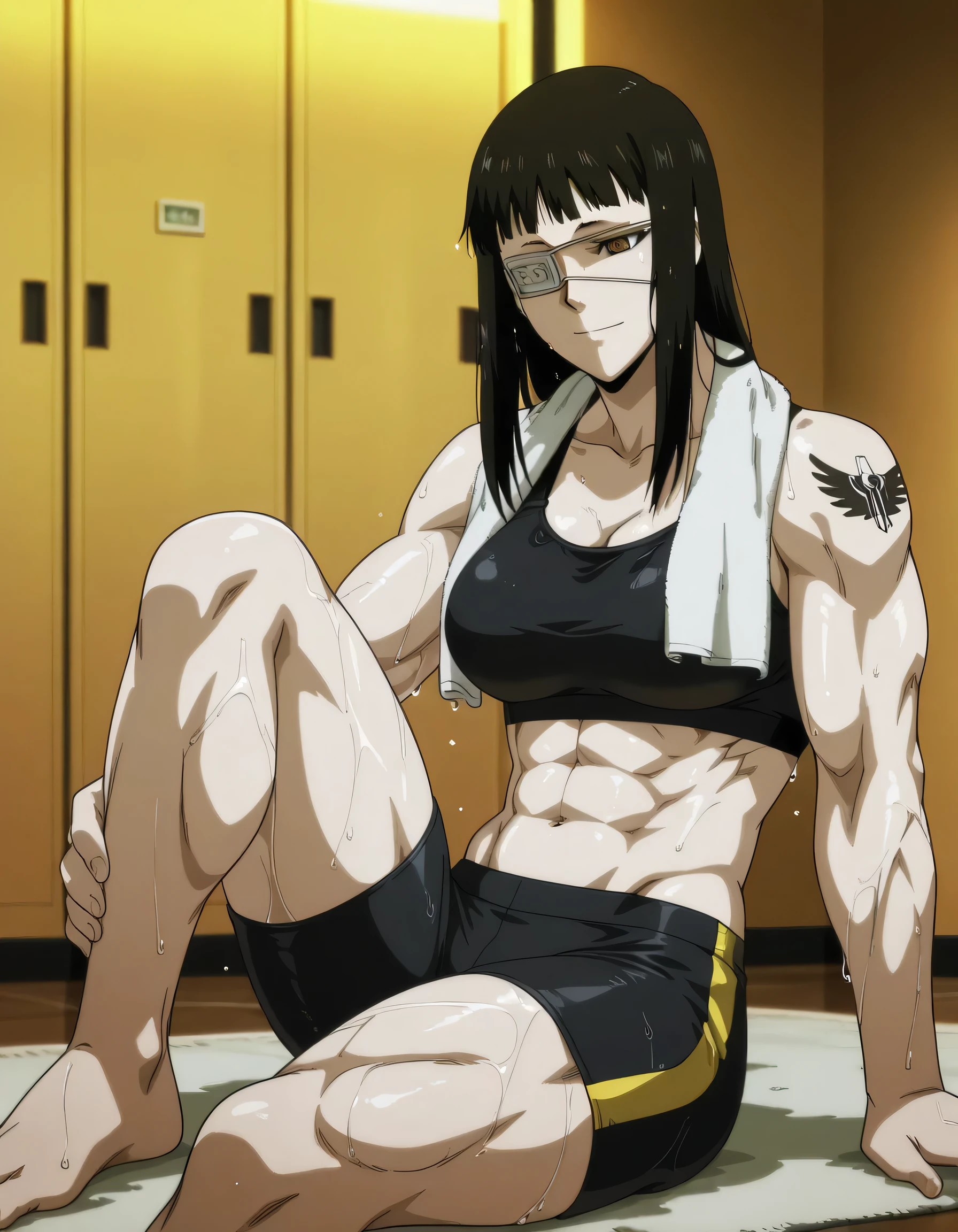 1girl,solo,mm,mature female,black hair,eyepatch,brown eyes,medium breasts,anime coloring,long hair,
muscular,black tight sport bra and black tight sport Elastic shorts,cowboy shot, , wet,training room, tattoo,
,masterpiece,best quality,amazing quality,,muscles and,muscles lines,muscles big size,pelvis muscles,strength muscles looking,dynamic air,Valmet handsome face,Shining abs and shoulders,eight-pack,iron muscles,,Barefoot, sporting attractiveness sexual attractiveness,sitting ,choza sitting ,sexual muscles,light smile,leg laying,hand in own leg, Valmet tall body,towel around her neck,yellow light in room,in night,too wet,muscles very detailing
