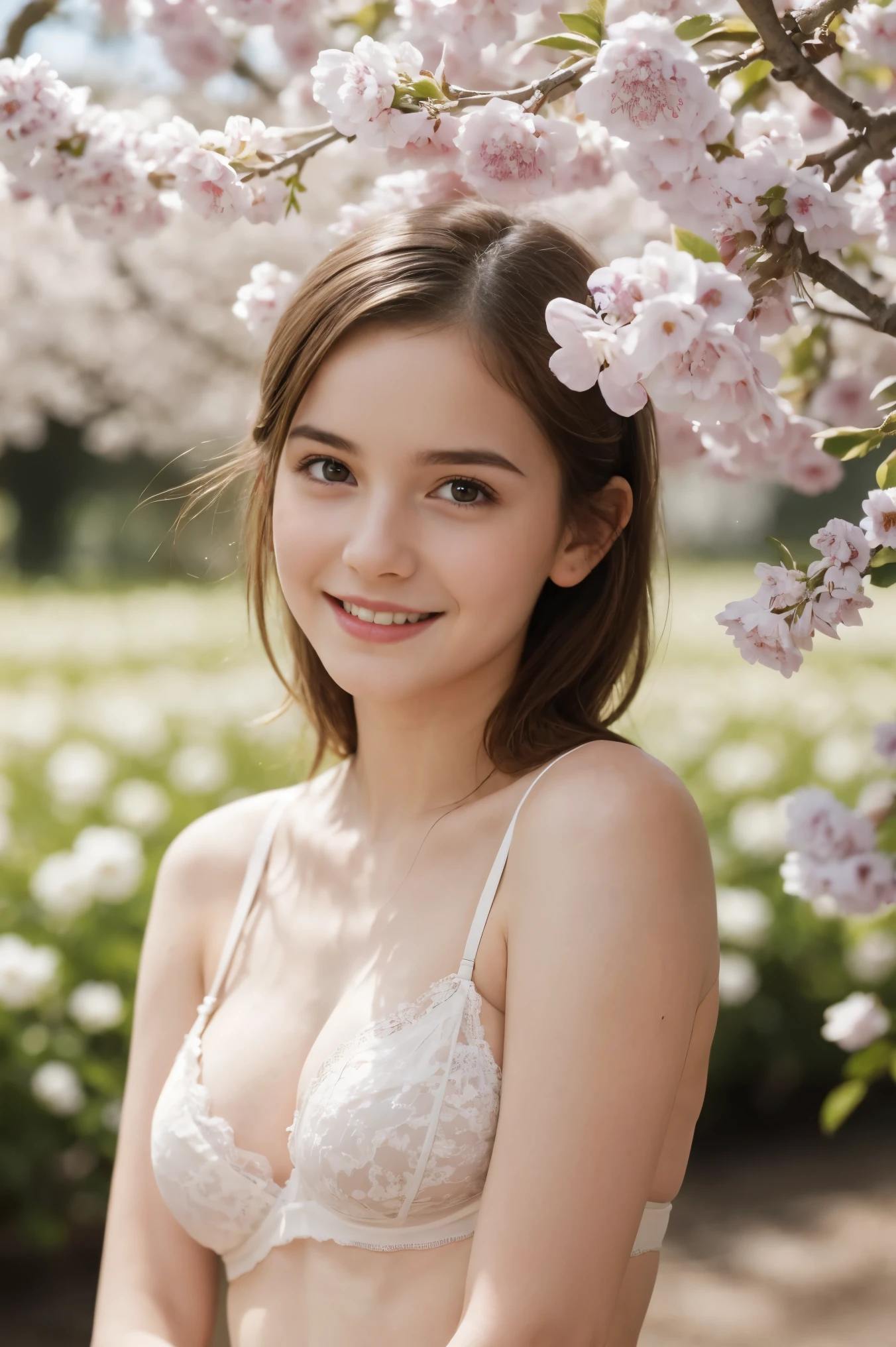 Masterpiece, Best quality, 8k, 18 ans, Photo brute, absurdes, Award-winning portrait, sourire, sourire, pure, french, elegant vibrant pink dress, spring, orchard in bloom, laces, famous singer, cute, sweet, cherry lips, lingerie