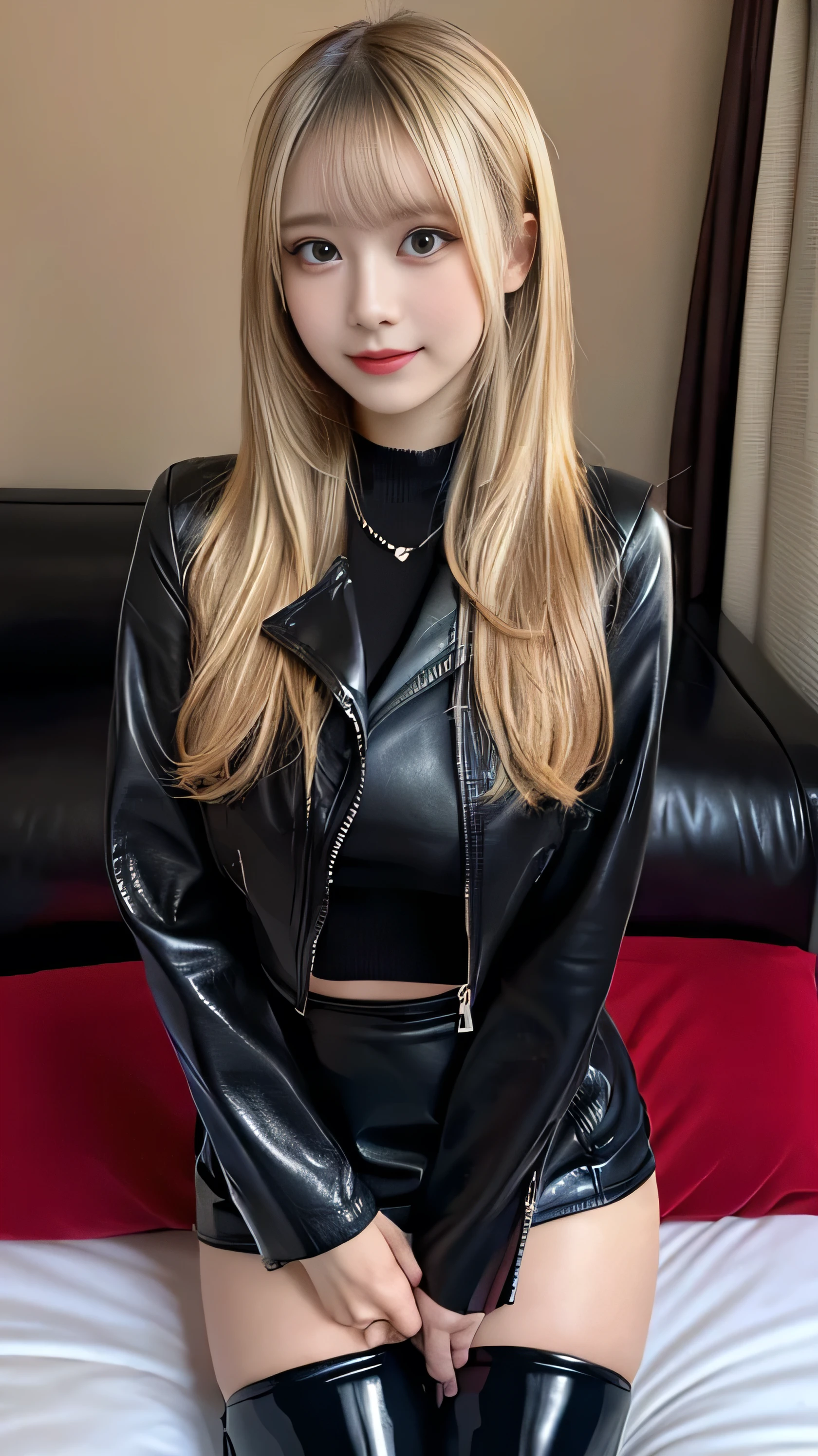 nsfw1.4, large breast:1.8, open clothes, full body photo,((focus on crotch)), leather fashionable underwear. she is in a room,standing by the bed, one girl, High resolution、blondeヘア、girl、Light Hair Color、sexy、blonde、Beautiful eyelashes、High resolution、Zoom out、20-year-old、Highest quality、Very detailed、Finer details、High resolution、8k wallpaper、Beautiful eyes in every detail、Natural lip color、very beautiful:1.5, Full body,front view:1.5,gazing camera,(thick black leather jaket,knee high boots, medium gloss,black thick leather mini tight skirt,curvy thighs:1.5),black medium straight hair, (a beauty girl, delicate girl:1.3), break, very fine eyes, (symmetrical eyes:1.3), break,brown eyes, parted bangs,best smile, break, (eyes and faces with detailed:1.3), break, (masterpiece, best quality, ultra detailed, detailed face, 8k)