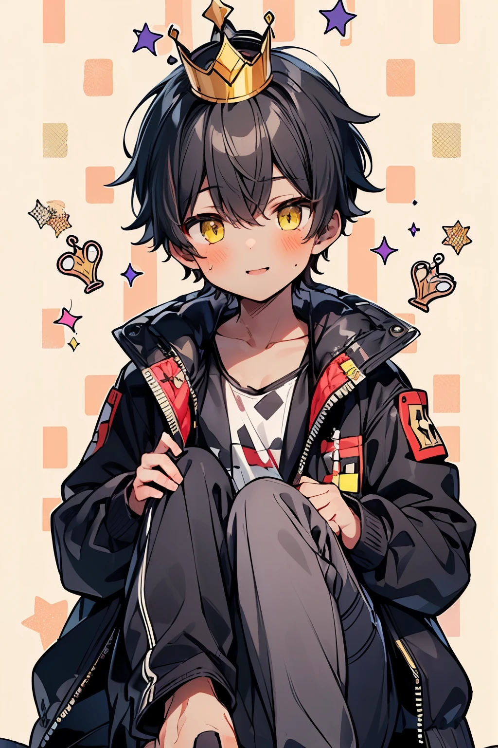 ((1-boy :1.5)),((gay:1.3)),((male:1.2)),(Sparkling eyes) big smiles in the garage,(( Mark:1.0)),(knee length puffer jacket:1.0),(naked jacket:1.2),(crown:1.25),((Karly hair:1.0)),(short hair:0.8),wave hair,yellow eyes,((Checker pattern background:1.3)),(NSFW:0.8),((I want to be hugged:1.0)),((Dark skinned body:1.5)),