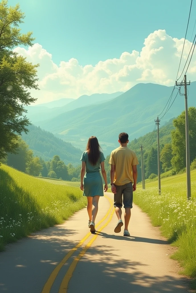 A couple is off-roading on a bike. The couple is wearing short clothes. The girl has big hips. The sunset is going on.