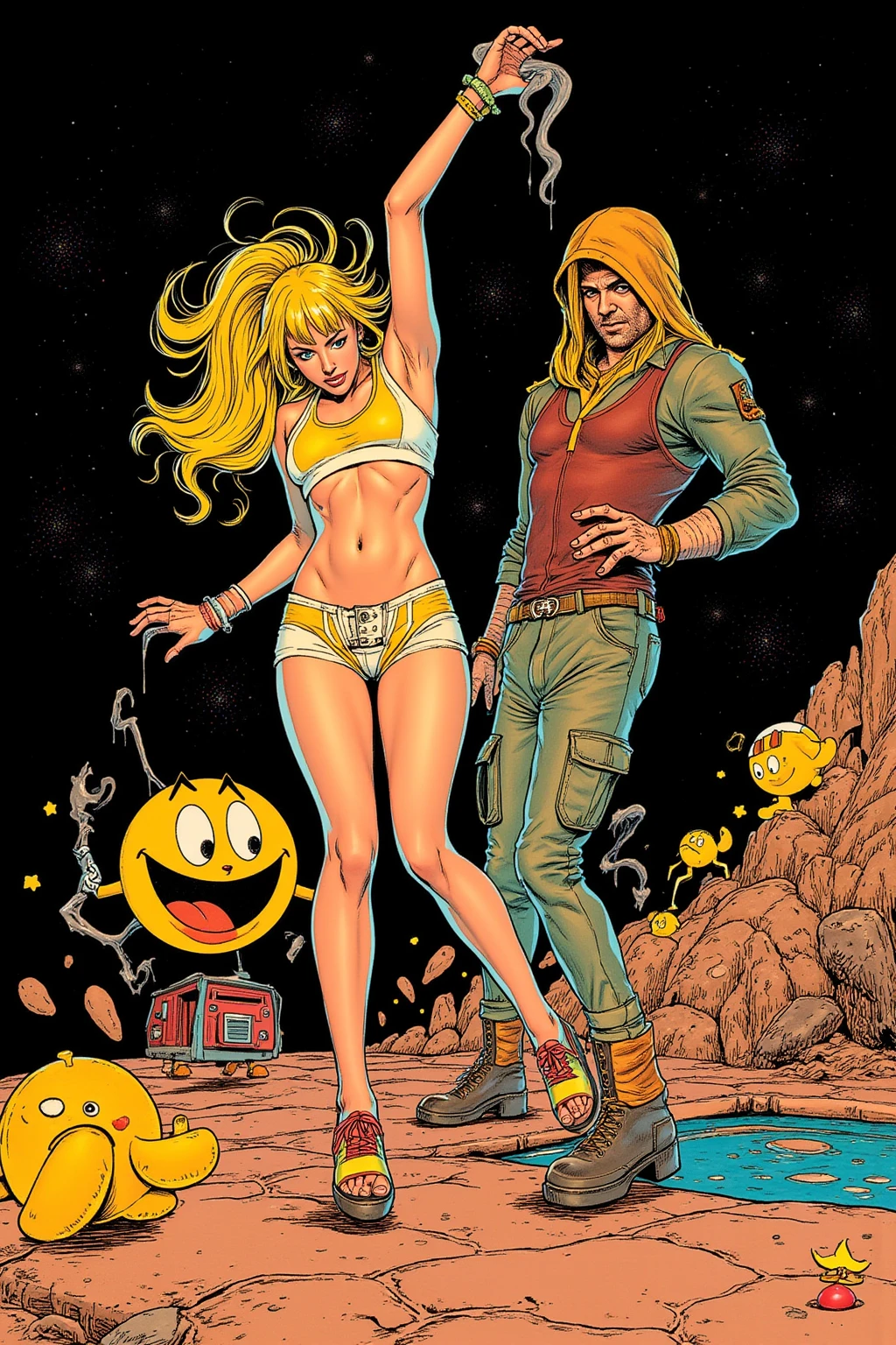 The cover of a science fiction magazine with beautiful women being harassed by space monsters. Co a style from Heavy Metal magazine.
