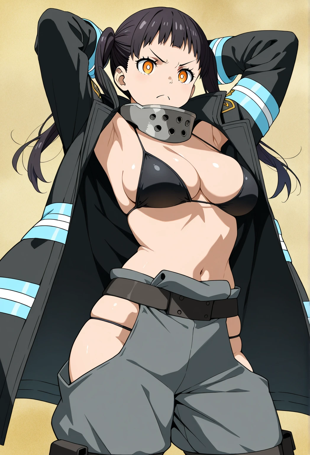 muscular girl thick breasts black hair yellow eyes pale skin best quality sad frown