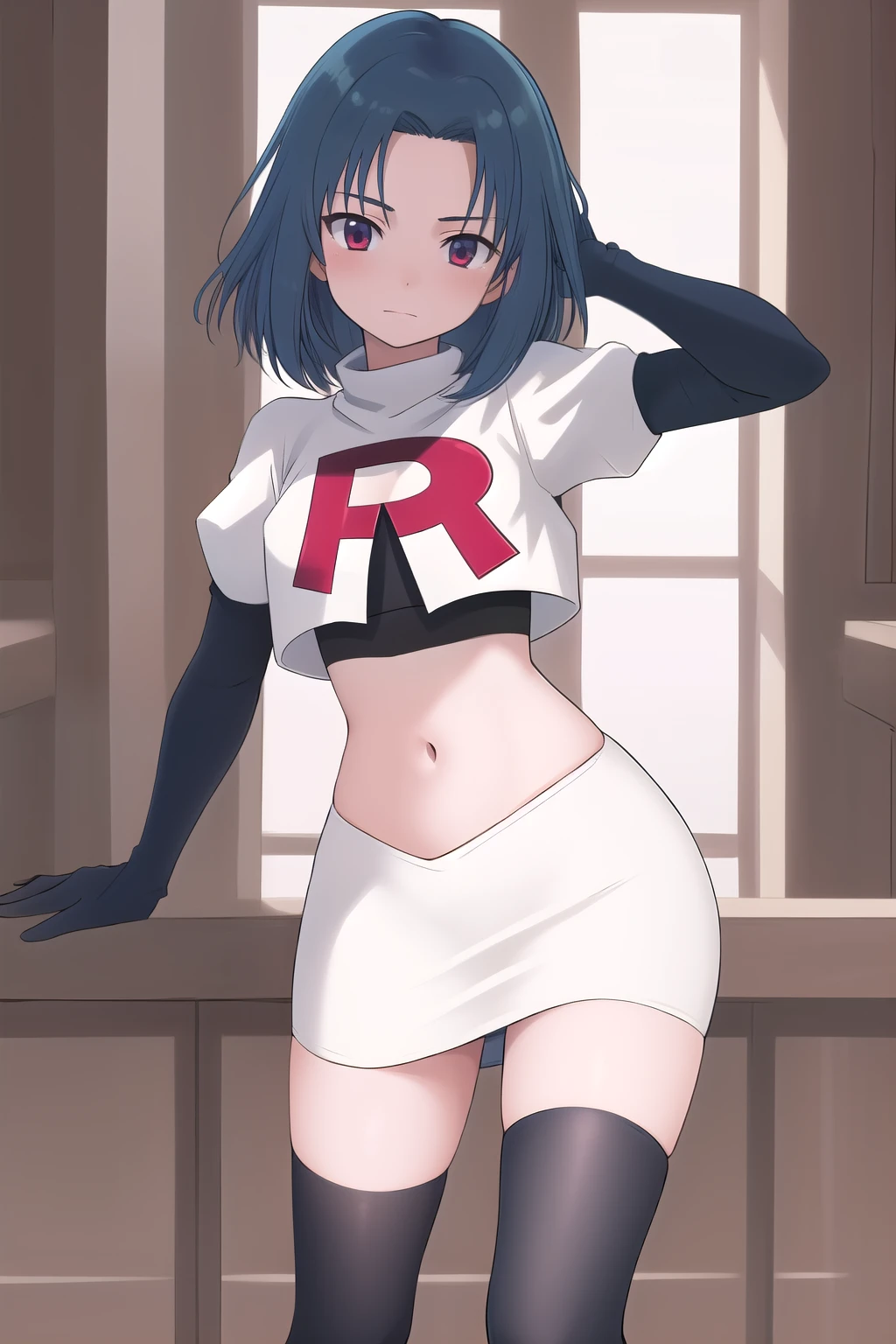 masterpiece, best quality, highres, 1girl haruka hasebe blue hair, schoolteam rocket,team rocket uniform,white skirt,red letter R,crop top,black thigh-highs,black elbow gloves