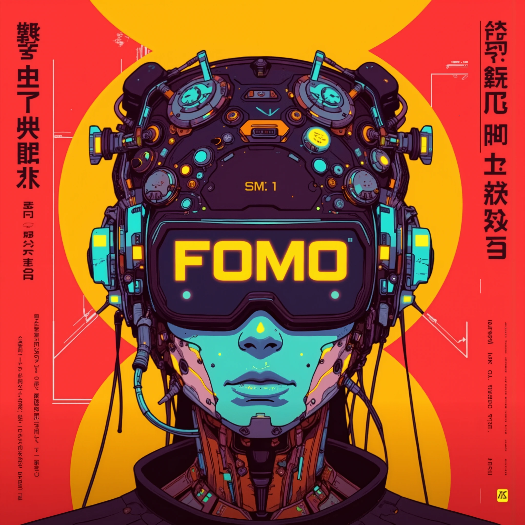 This striking artwork features a futuristic cyberpunk headgear design with a bold and vibrant color palette of red, yellow, and blue. The central figure wears a high-tech visor displaying the text "FOMO," reflecting a theme of digital immersion and psychological tension.
The helmet is intricately designed, with visible circuits, mechanical components, and glowing accents, emphasizing its advanced technological build. The figure's blue skin tone contrasts sharply against the warm background, adding a surreal, otherworldly touch. The symmetrical composition and minimalist design elements in the background create a bold graphic style that complements the futuristic theme