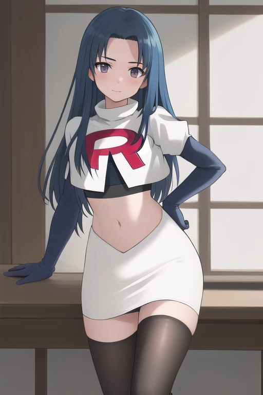 (masterpiece, best quality:1.2),illustration,8k,hd,1girl,solo,long_hair,(portrait:1.2),breasts,large breasts,hair_ornament,blue_hair,purple_eyes,hairband,purple_eyes,butterfly_hair_ornament, team rocket,team rocket uniform,white skirt,red letter R,crop top,black thigh-highs,black elbow gloves