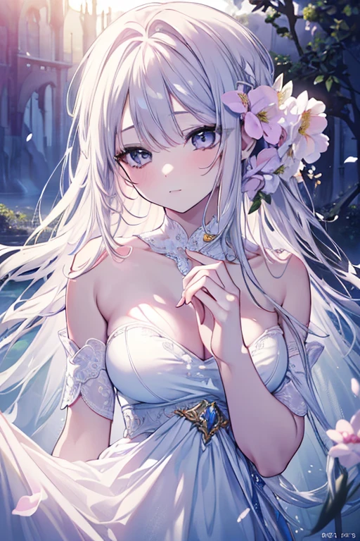 a cute white cat girl, detailed perfect facial features, beautiful detailed eyes, beautiful detailed lips, extremely detailed eyes and face, long eyelashes, flowing white hair, cat ears, elegant dress, outdoor forest background, sunlight, colorful flowers, vibrant colors, (best quality,4k,8k,highres,masterpiece:1.2),ultra-detailed,(realistic,photorealistic,photo-realistic:1.37),intricate details,digital art,fantasy,highly detailed