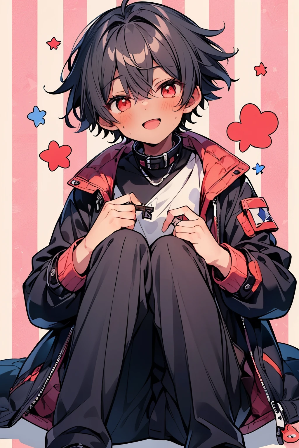 ((1-boy :1.5)),((gay:1.3)),((male:1.2)), smiling face with open mouth ,(( Mark:1.0)),(knee length puffer jacket:1.0),(sheer jacket:1.2),violet hair,red eyes,((Checker pattern background:1.3)),(NSFW:0.8),(( begging pose:1.0)),((Dark skinned body:1.5)),